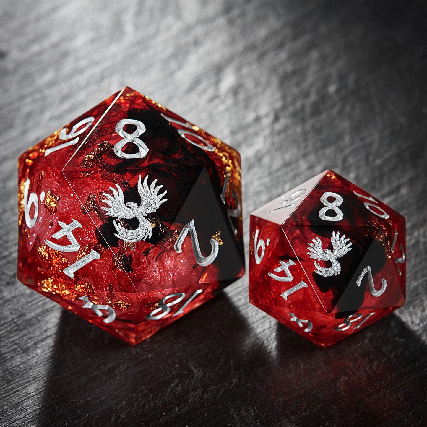 Red Glitter Liquid Core Resin Phoenix DnD D&D Dice Set - CrystalMaggie