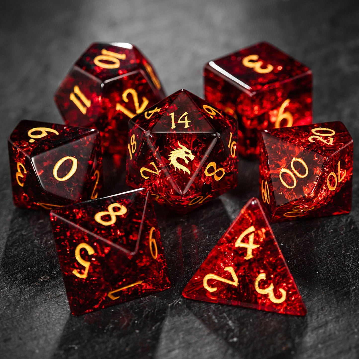 Red Lightning Glass Dragon DnD D&D Dice Set - CrystalMaggie