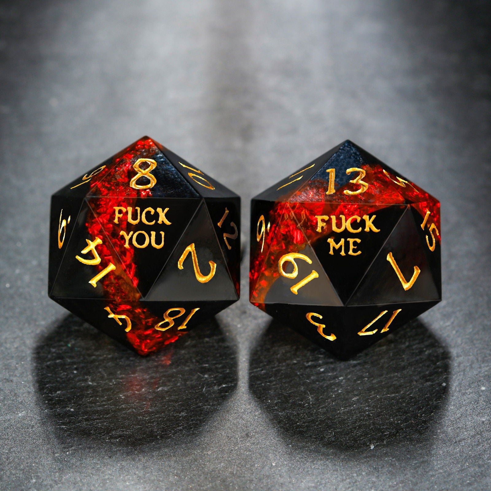 Red Tinsel Resin F Word DnD D&D Dice Set - CrystalMaggie