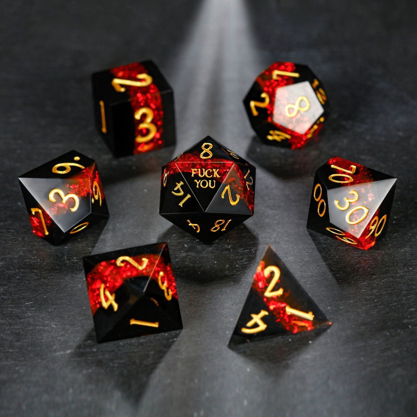 Red Tinsel Resin F Word DnD D&D Dice Set - CrystalMaggie