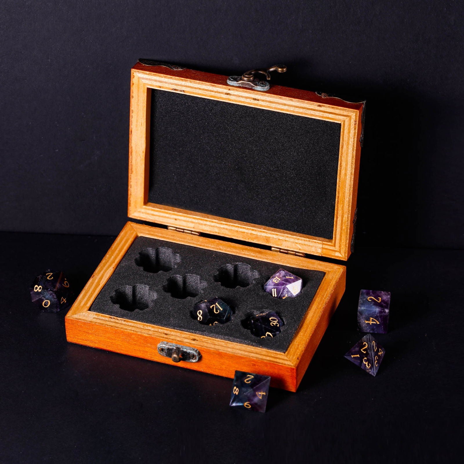 Retro Wood Dragon and The Moon Motif DnD D&D Dice Box - CrystalMaggie