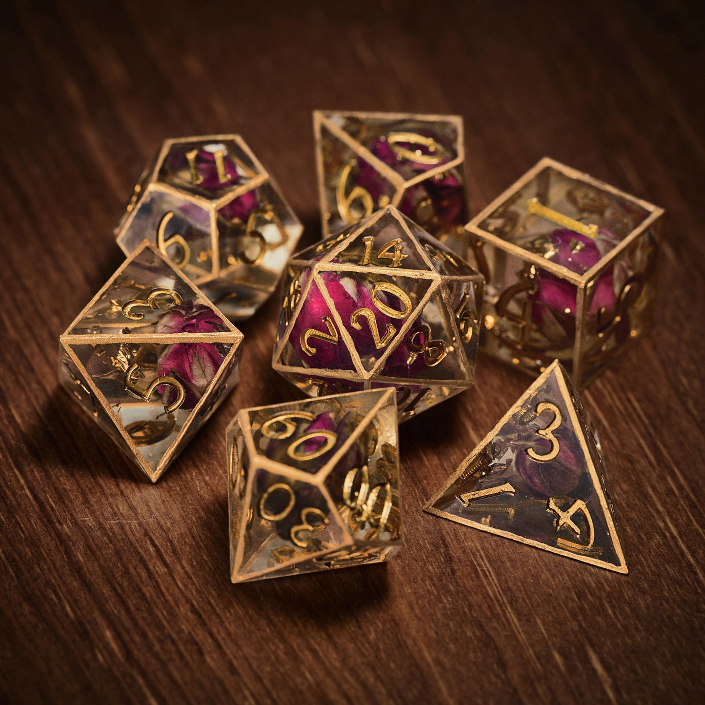 Rose Bud Glitter Resin DnD D&D Dice Set - CrystalMaggie