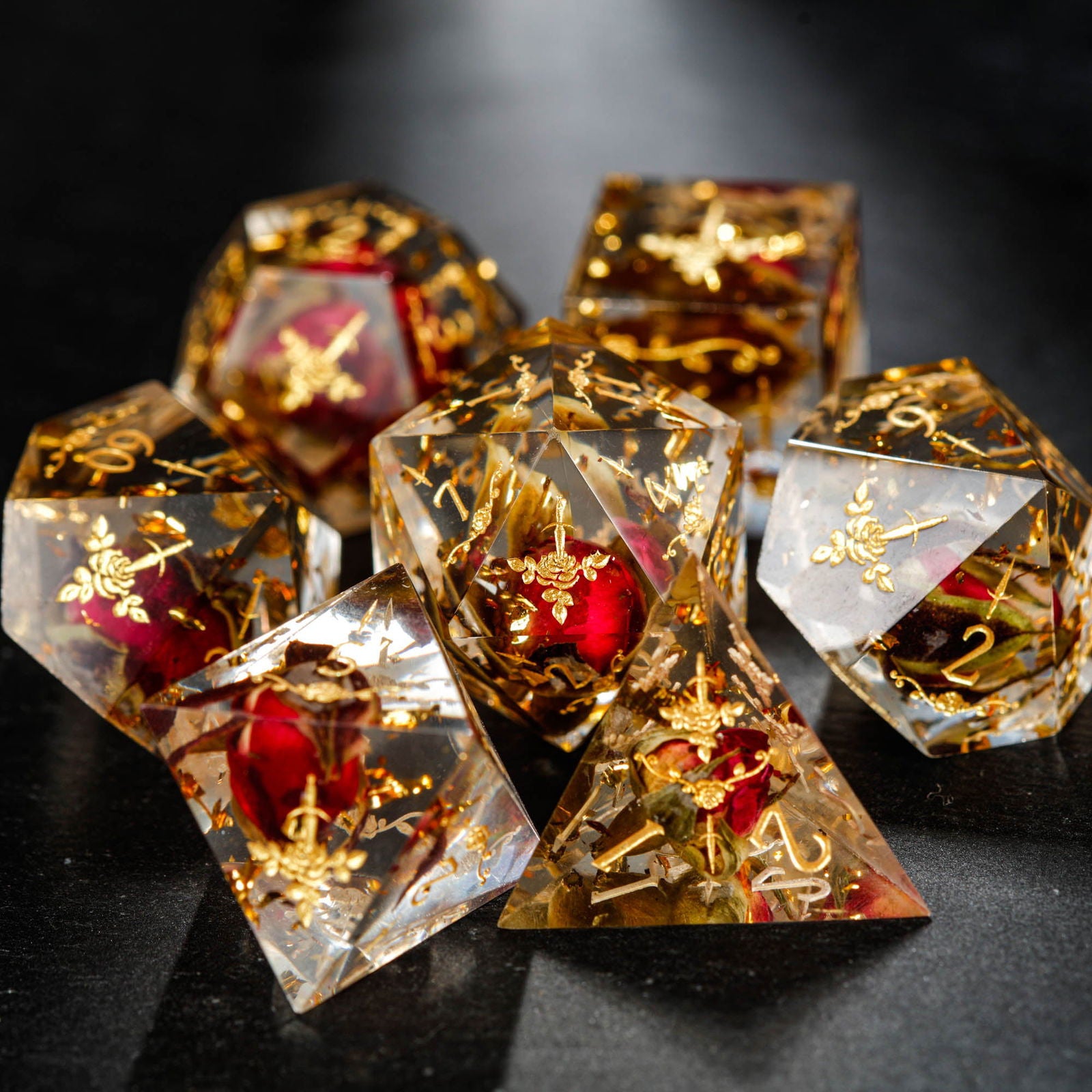 Rose Bud Glitter Resin Rogue Rose Motif DnD D&D Dice Set - CrystalMaggie