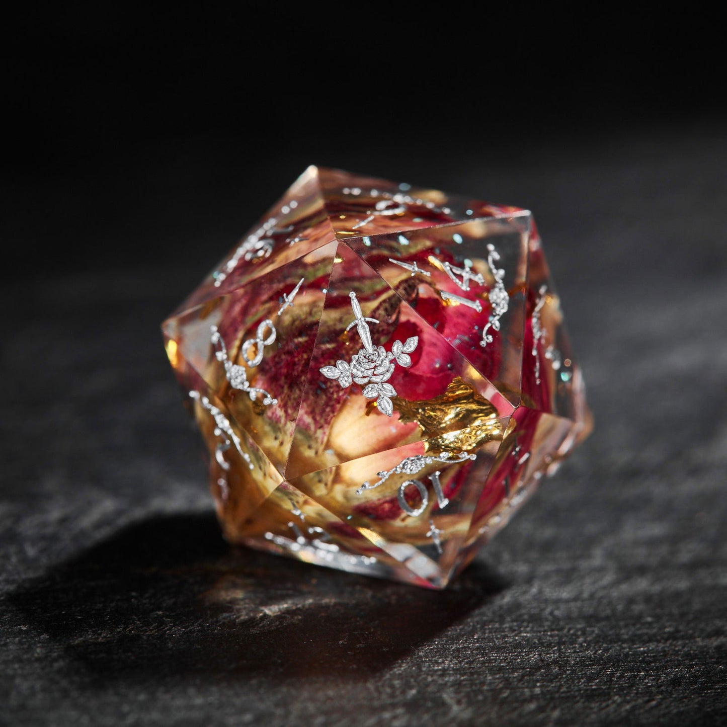 Rose Bud Glitter Resin Rogue Rose Motif DnD D&D Dice Set - CrystalMaggie