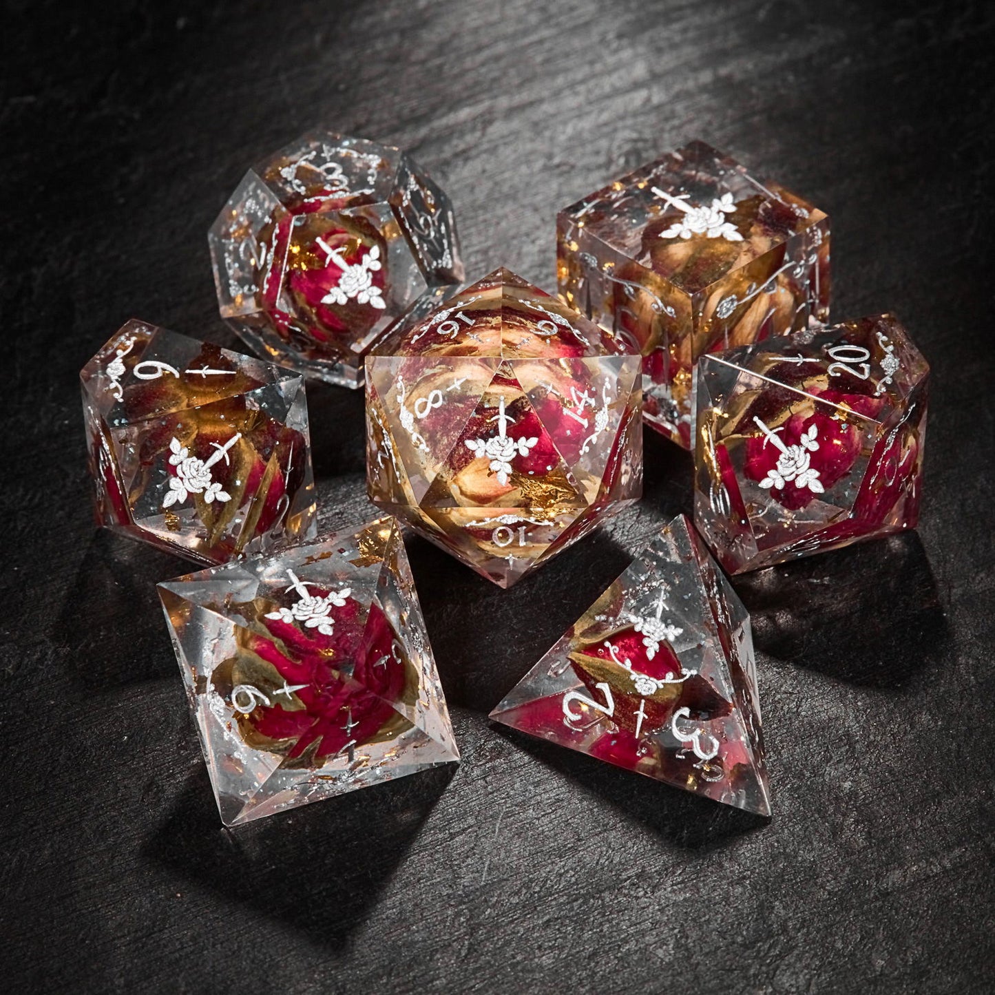 Rose Bud Glitter Resin Rogue Rose Motif DnD D&D Dice Set - CrystalMaggie