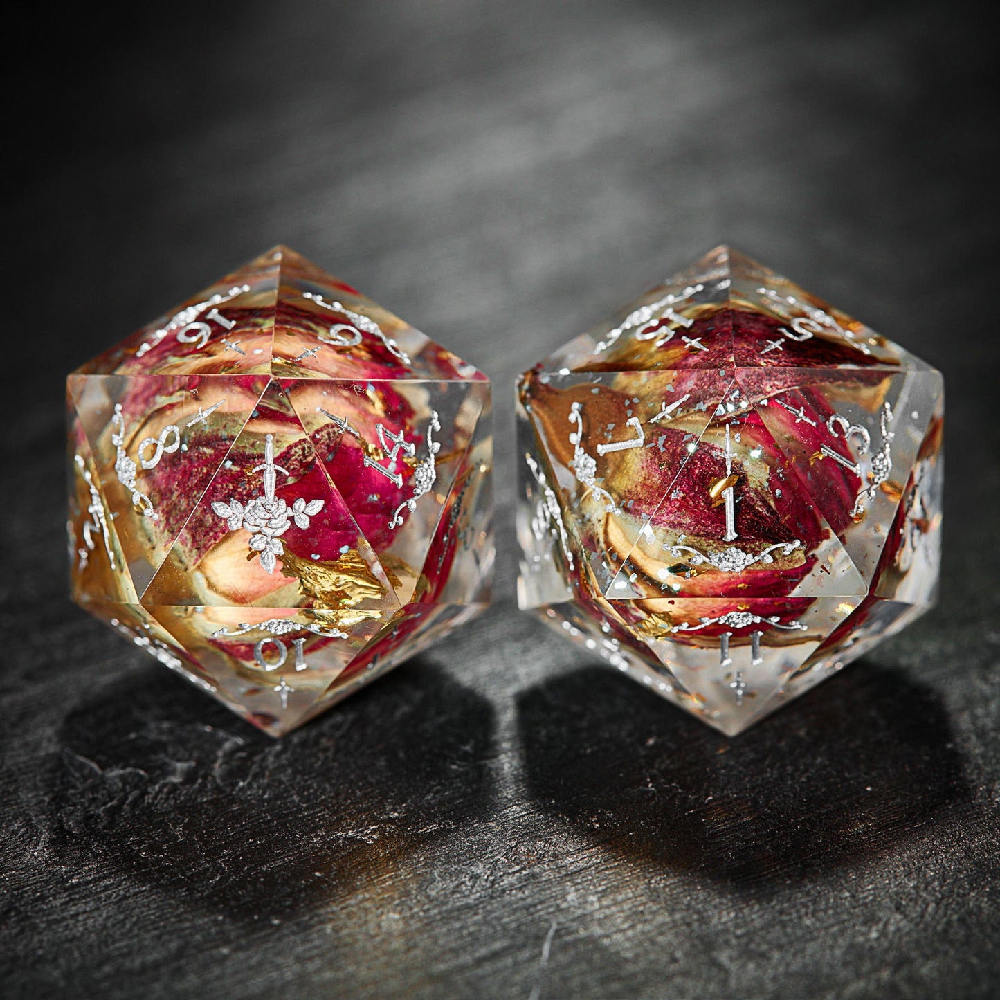 Rose Bud Glitter Resin Rogue Rose Motif DnD D&D Dice Set - CrystalMaggie