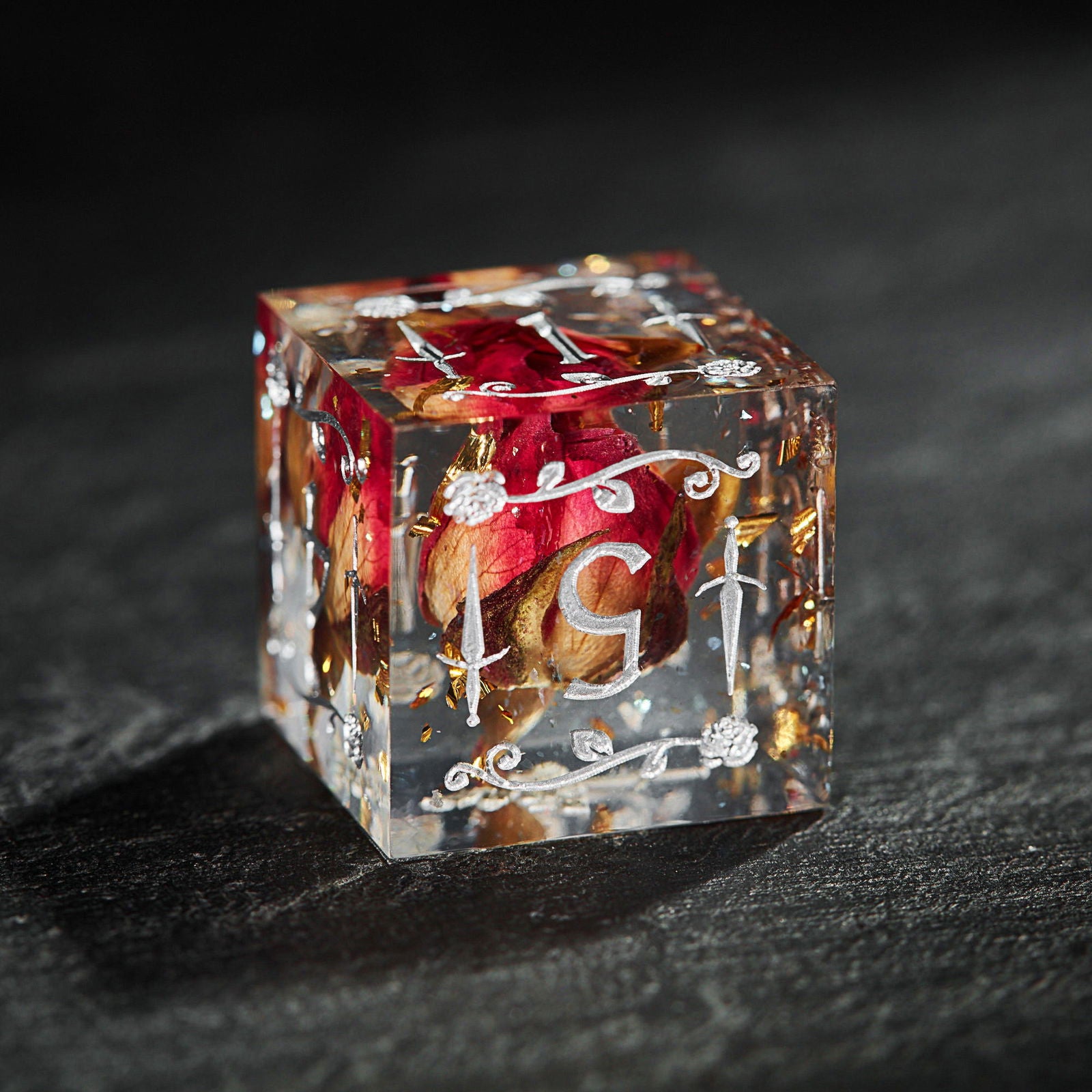 Rose Bud Glitter Resin Rogue Rose Motif DnD D&D Dice Set - CrystalMaggie