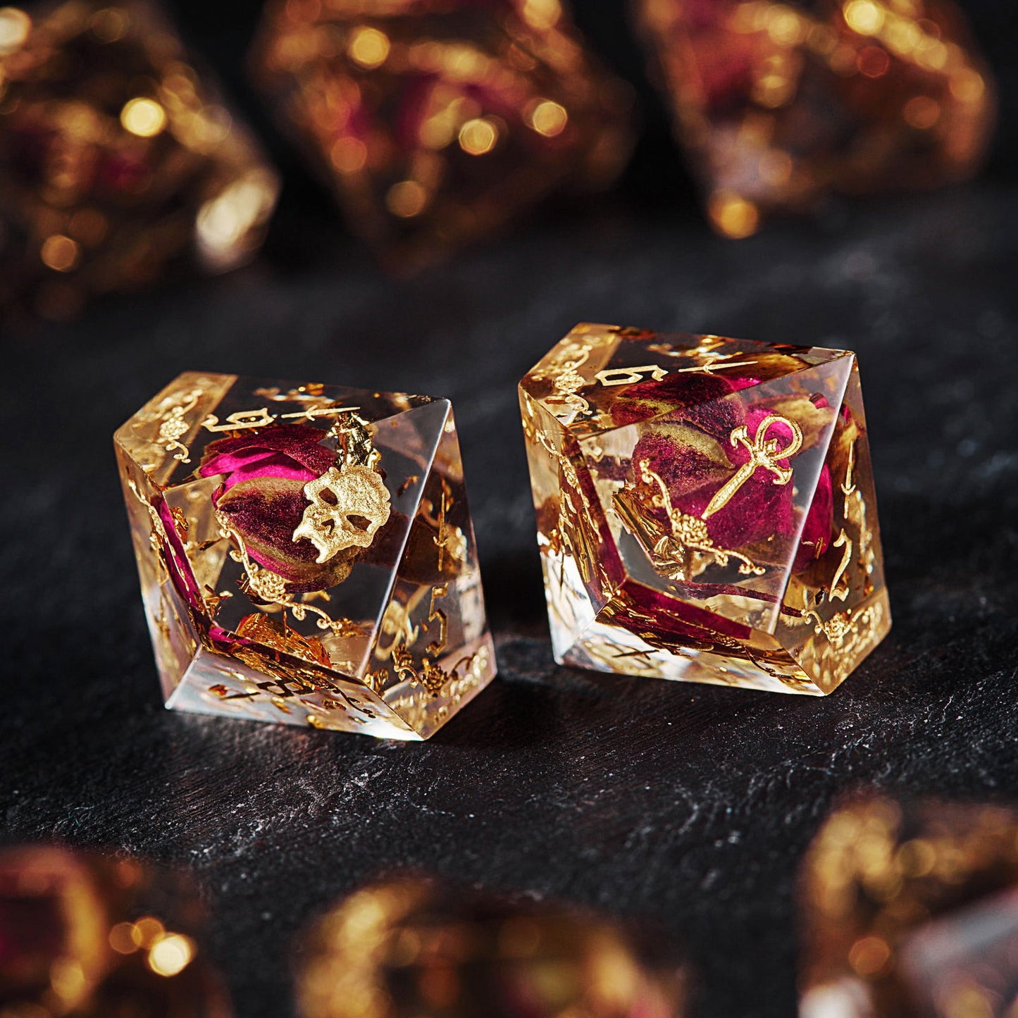 Rose Bud Glitter Resin Vampire Dice D10 - CrystalMaggie