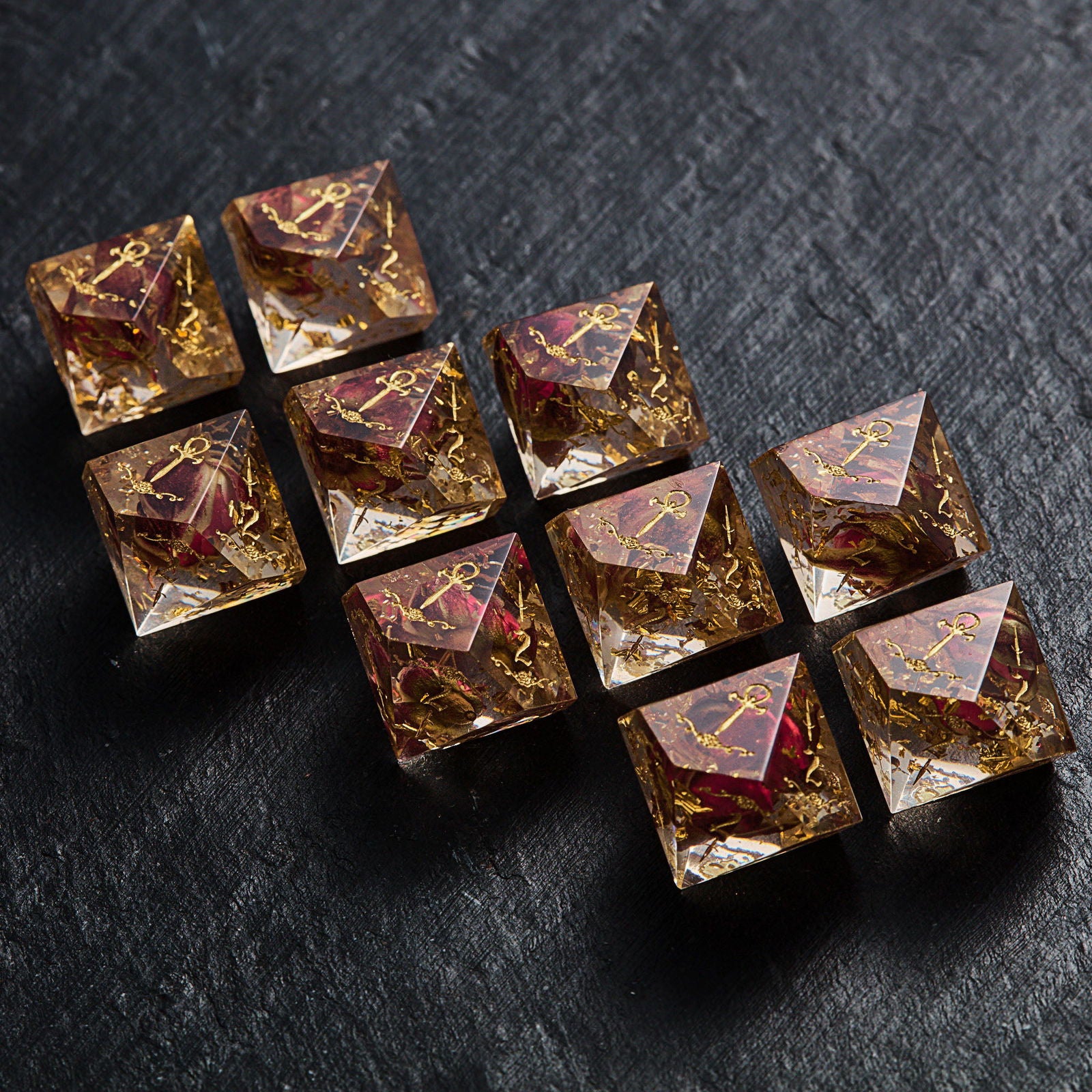 Rose Bud Glitter Resin Vampire Dice D10 - CrystalMaggie