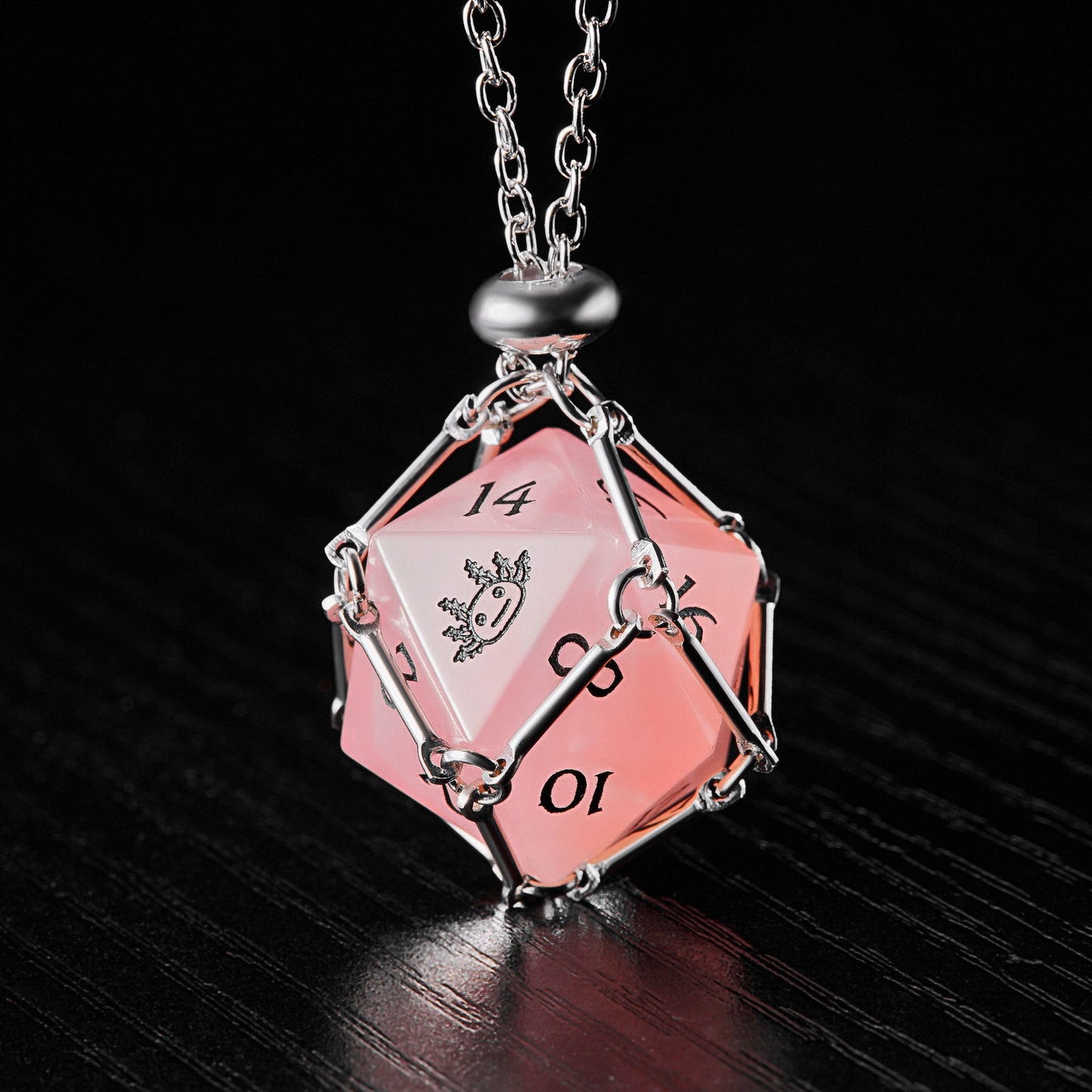 Rose Quartz Gemstone All Axolotl DnD D&D Dice D20 Necklace - CrystalMaggie