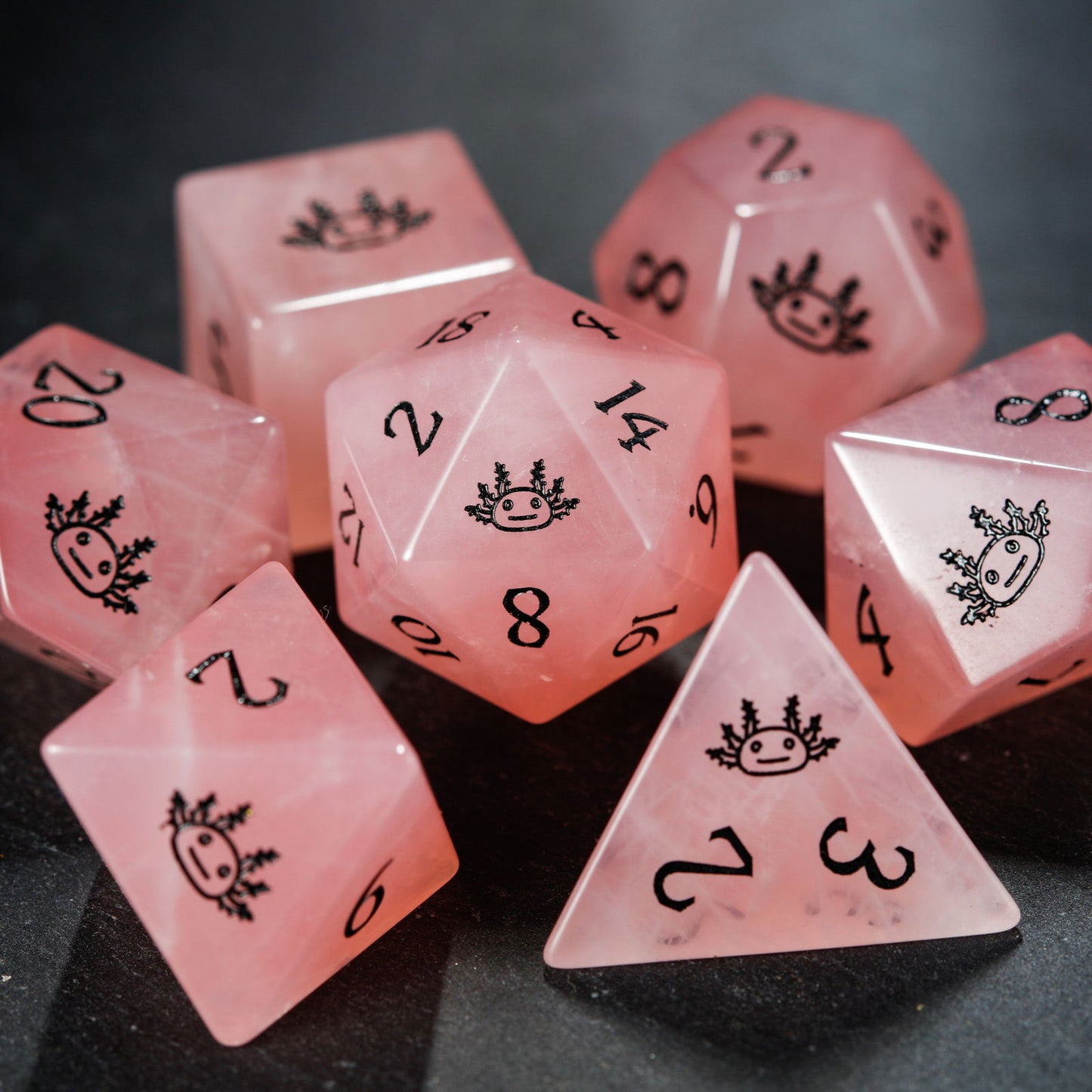 Rose Quartz Gemstone All Axolotl DnD D&D Dice D20 Necklace - CrystalMaggie