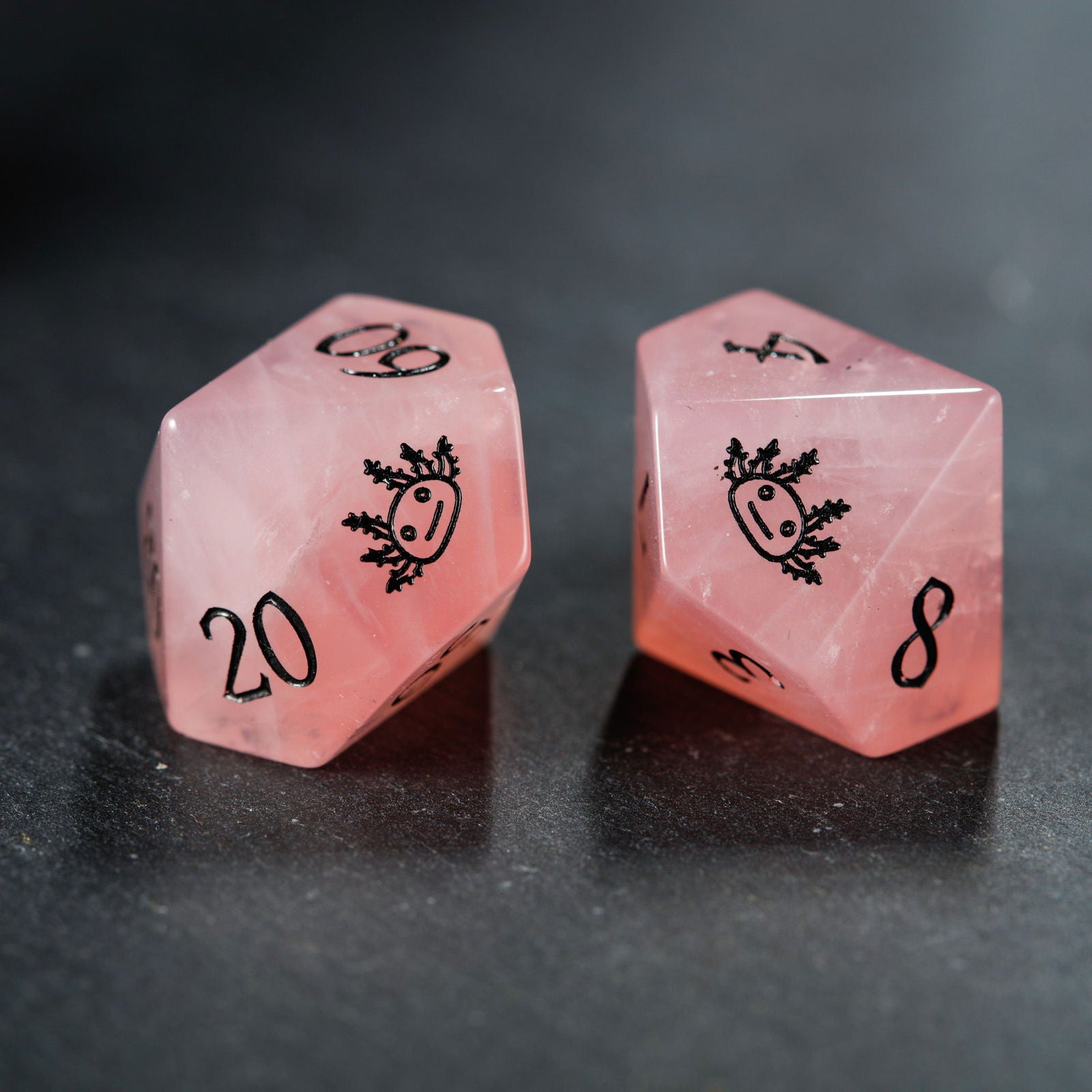 Rose Quartz Gemstone All Axolotl DnD D&D Dice D20 Necklace - CrystalMaggie