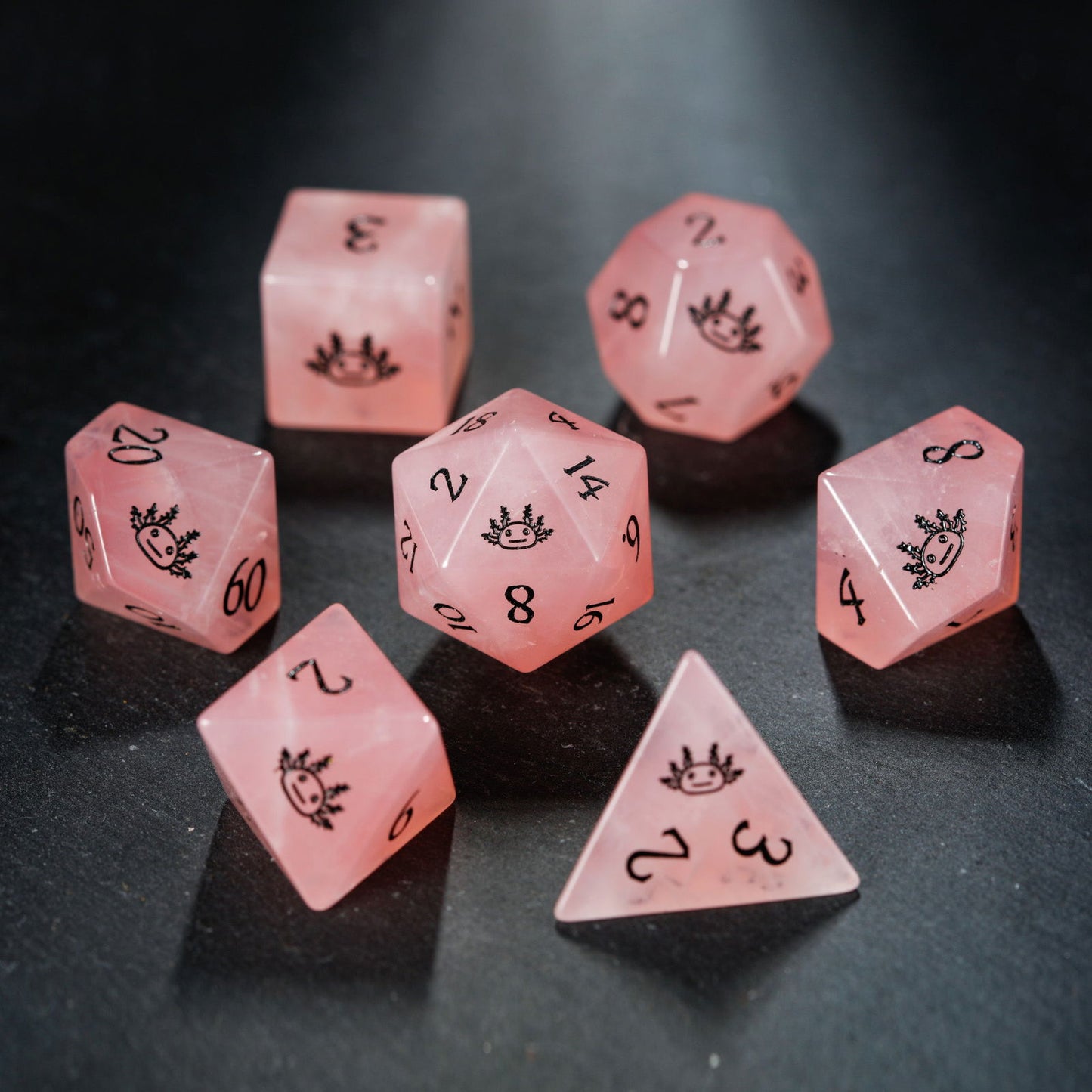 Rose Quartz Gemstone All Axolotl DnD D&D Dice D20 Necklace - CrystalMaggie