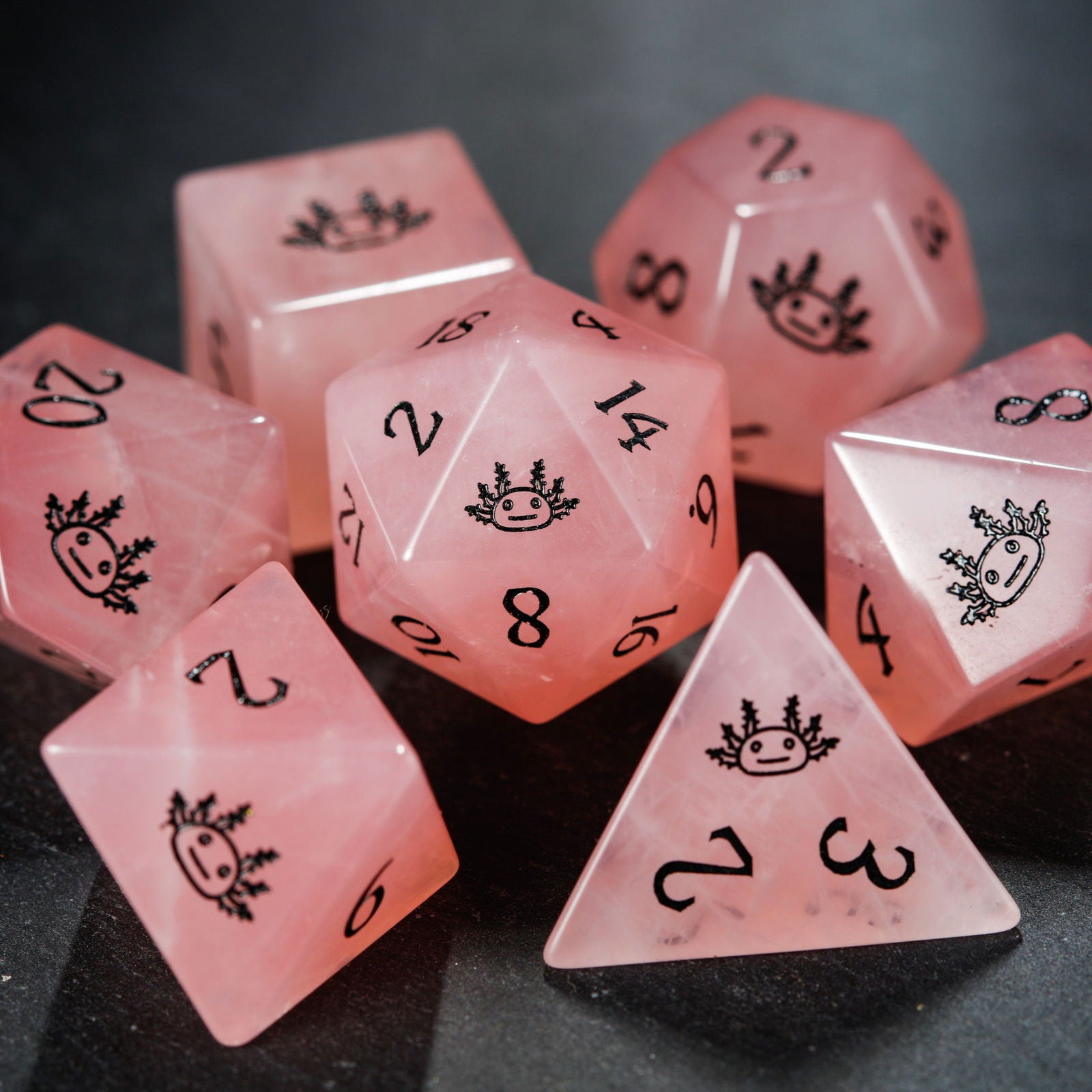 Rose Quartz Gemstone All Axolotl DnD D&D Dice Set - CrystalMaggie