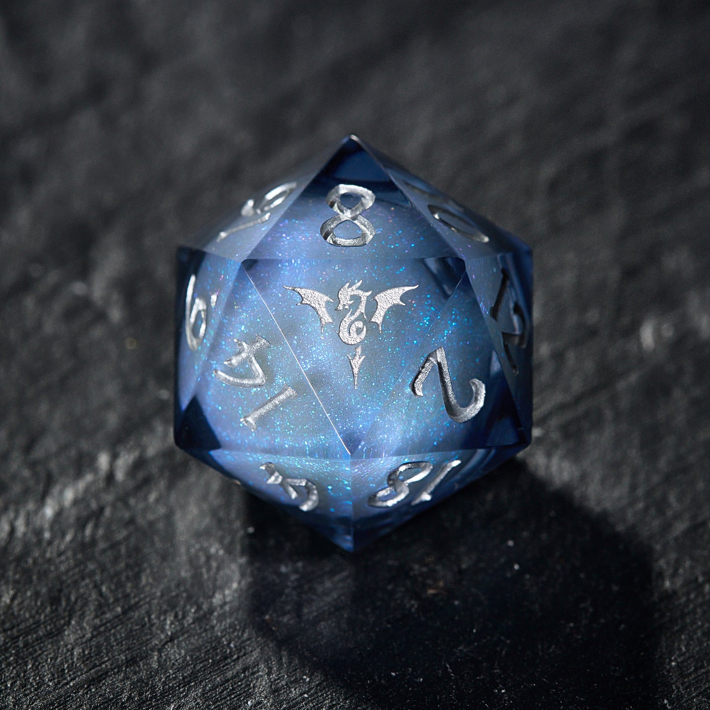 Dark Blue Liquid Core Resin Galaxy Dice Flying Dragon DnD D&D Dice Set