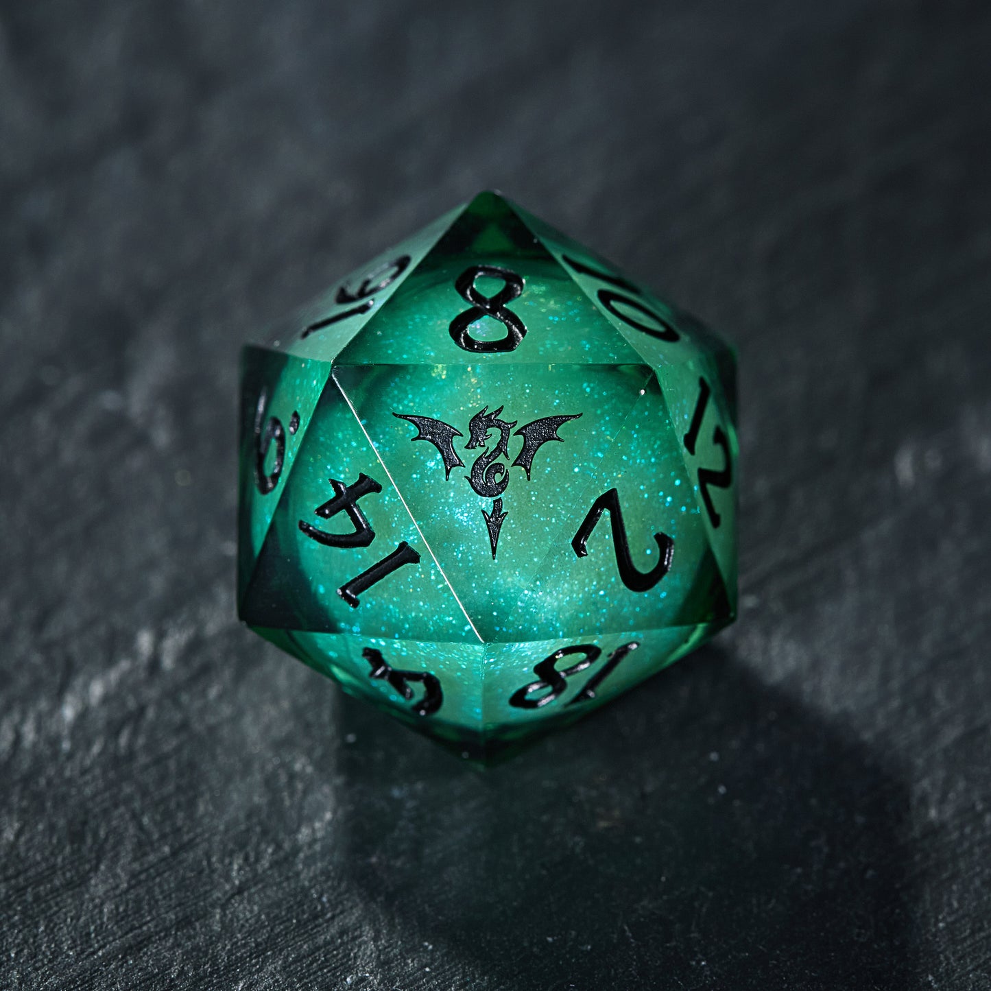 Green Liquid Core Resin Galaxy Dice Flying Dragon DnD D&D Dice Set