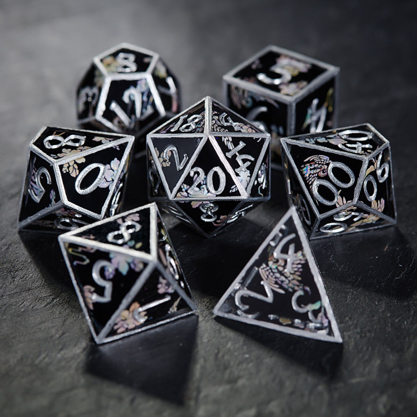 Silver Edged Bird and Flower Black Resin DnD D&D Dice Set