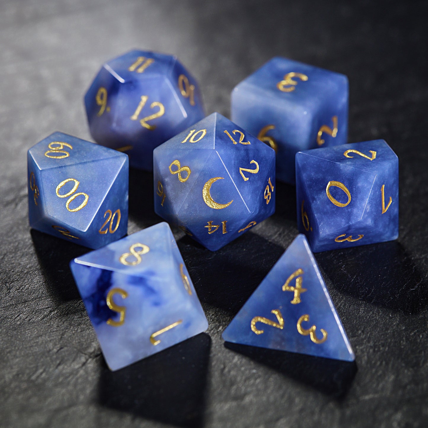 Blue Yooperlite UV Reactive Gemstone Moon DnD D&D Dice Set