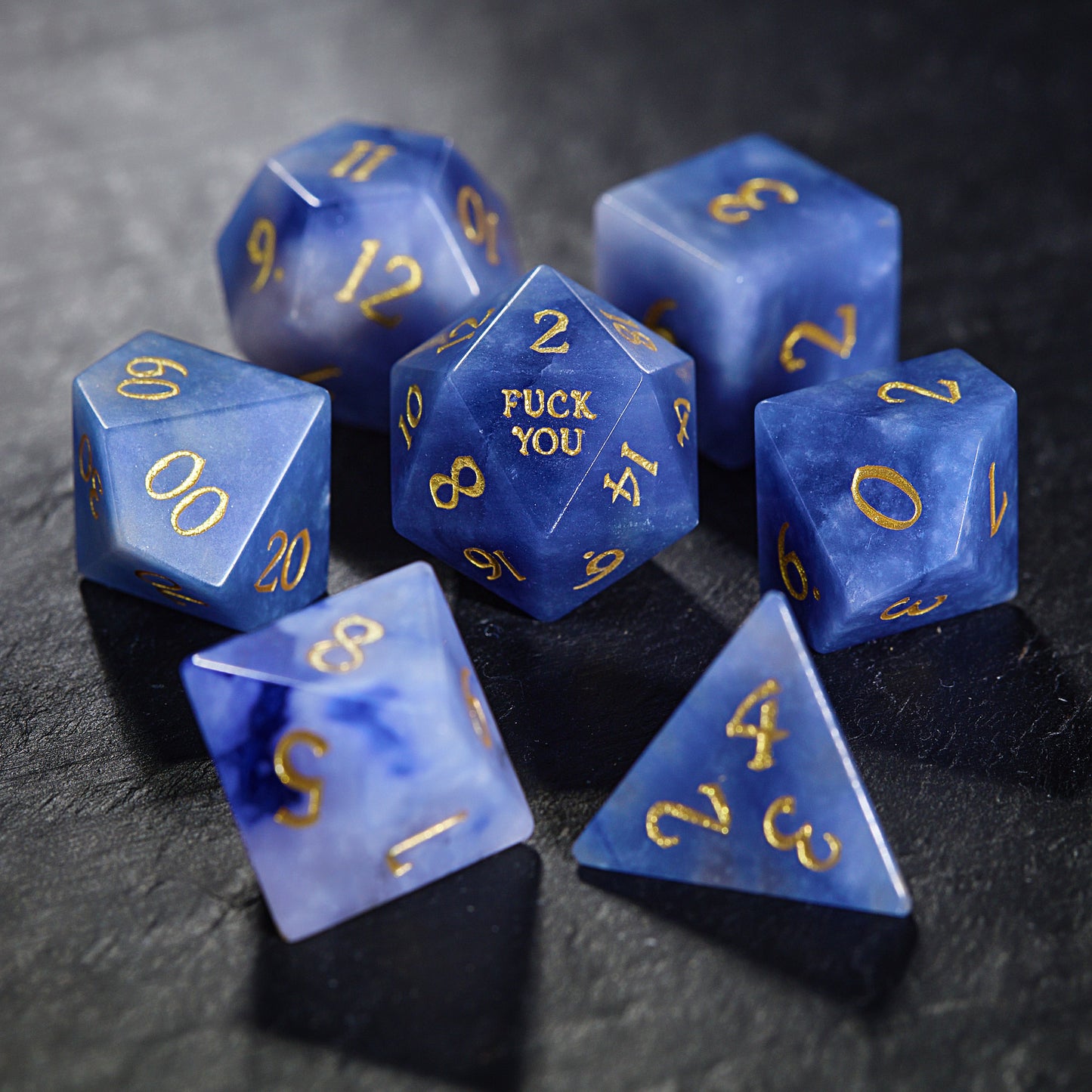 Blue Yooperlite UV Reactive Gemstone F Word DnD D&D Dice Set