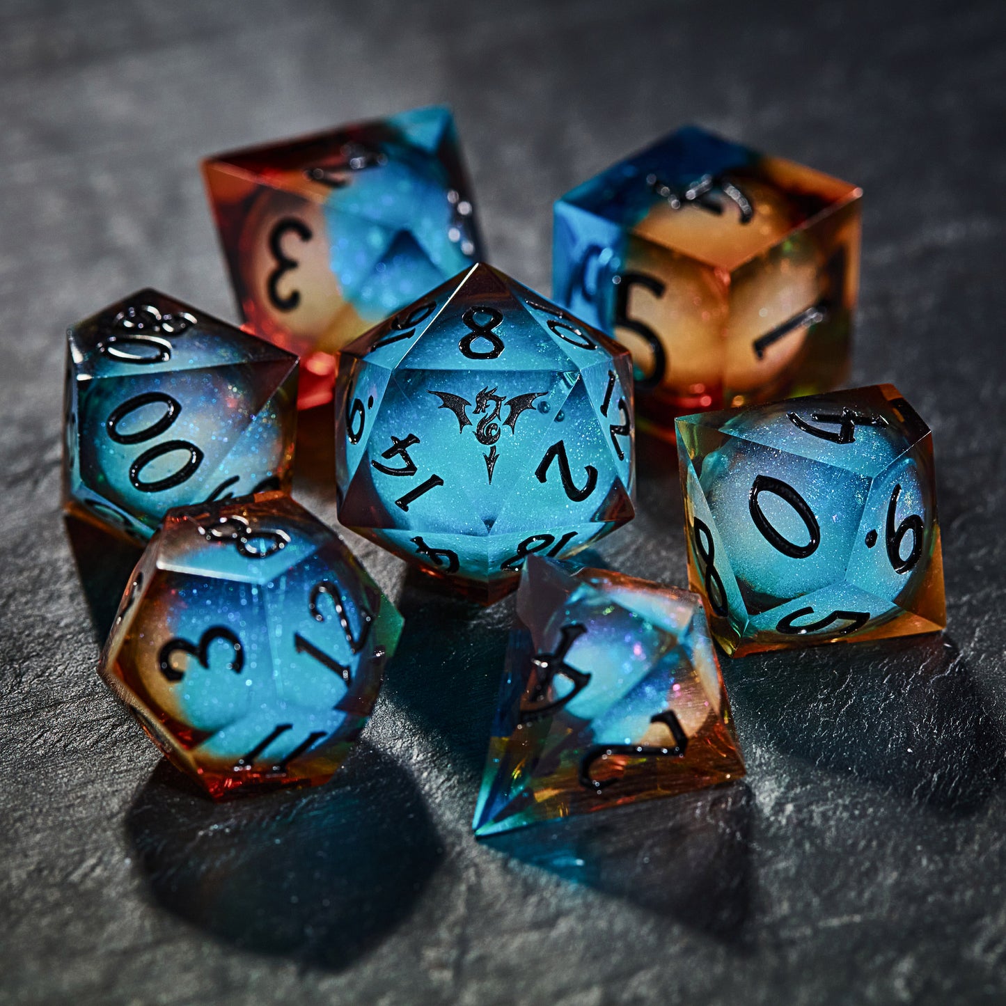 Blue Galaxy Liquid Core Resin Flying Dragon DnD D&D Dice Set