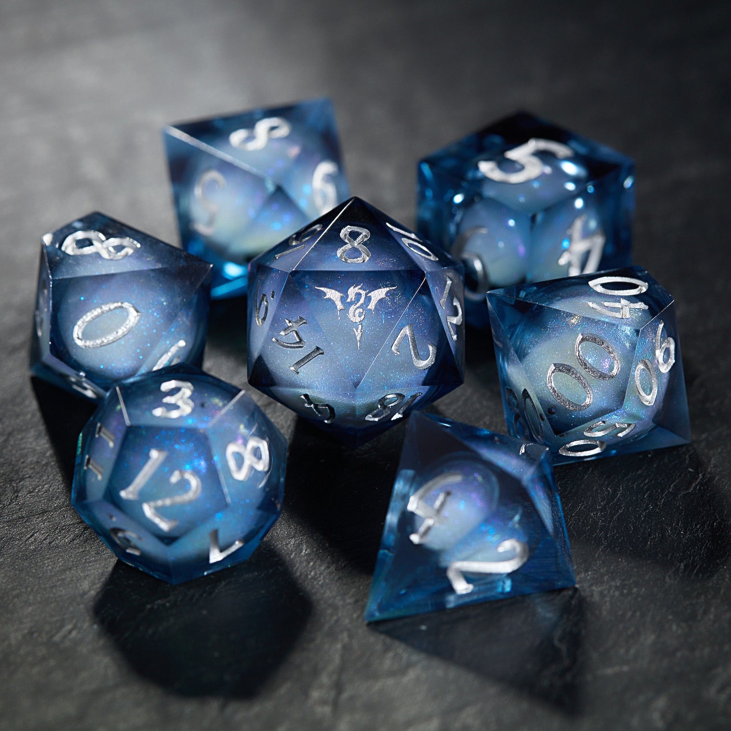 Dark Blue Liquid Core Resin Galaxy Dice Flying Dragon DnD D&D Dice Set