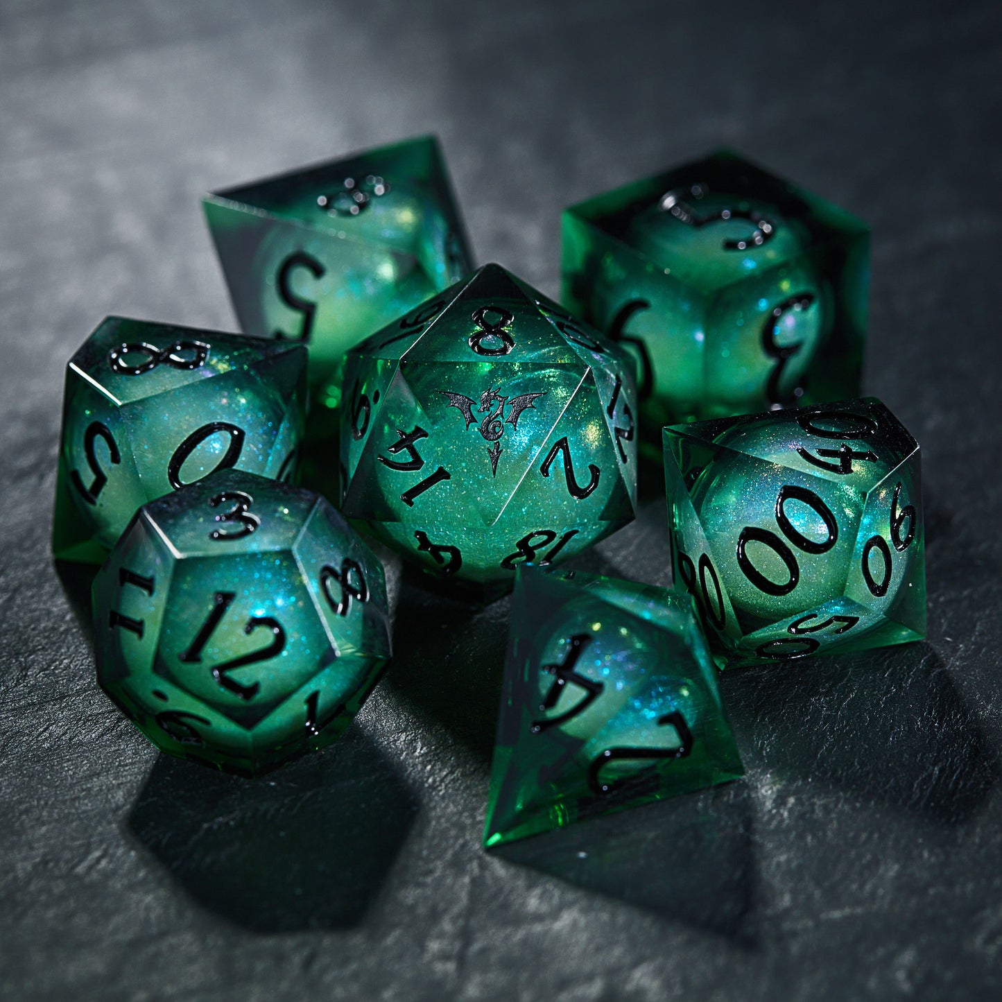 Green Liquid Core Resin Galaxy Dice Flying Dragon DnD D&D Dice Set