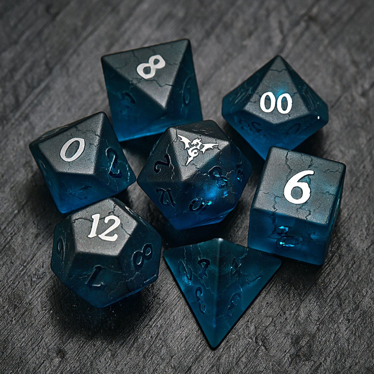 Raised Dark Blue Lightning Glass Flying Dragon DnD D&D Dice Set