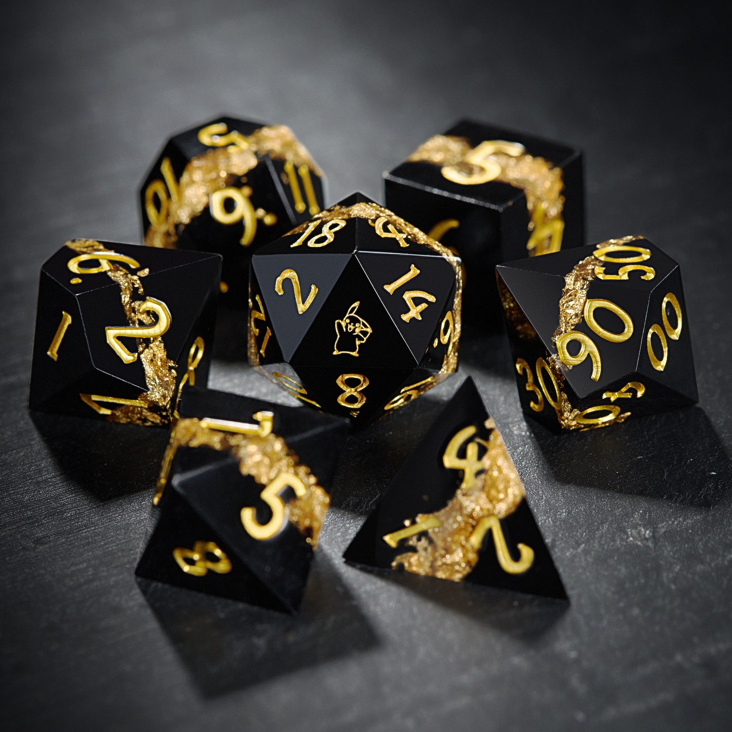 Black Goldleaf Resin Pokemon Pikachu DnD D&D Dice Set