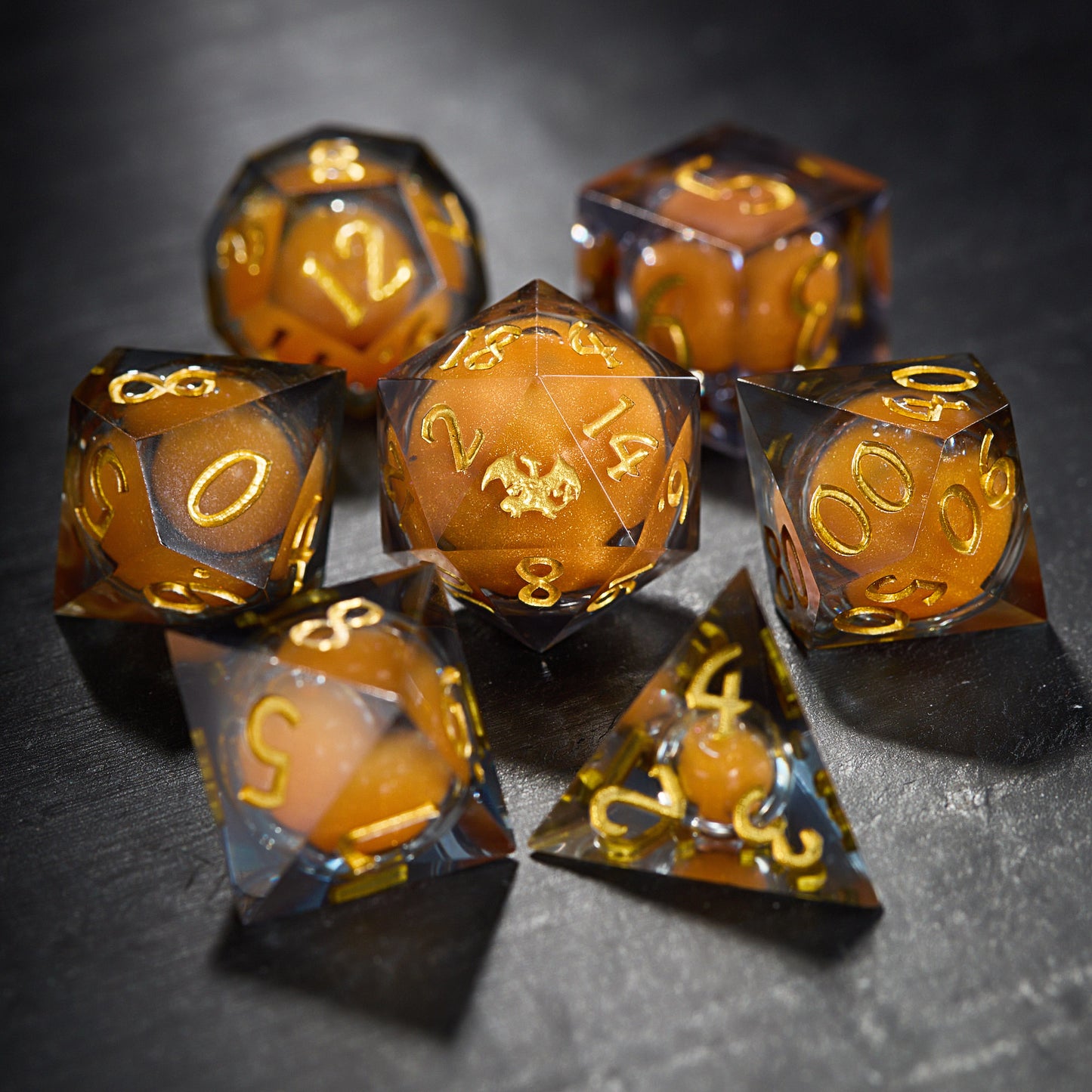 Orange Sand Liquid Core Resin Pokemon Charizard DnD D&D Dice Set