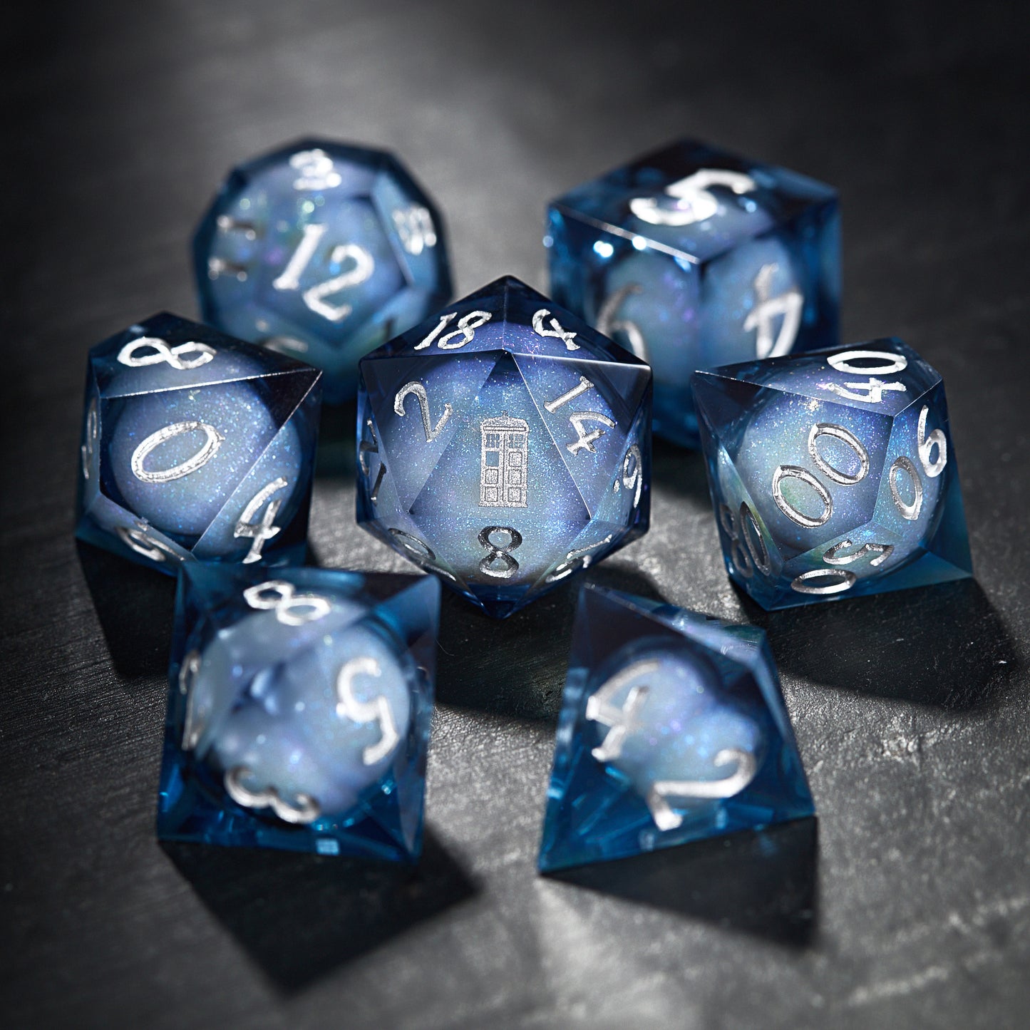 Dark Blue Liquid Core Resin Galaxy Dice Tardis DnD D&D Dice Set