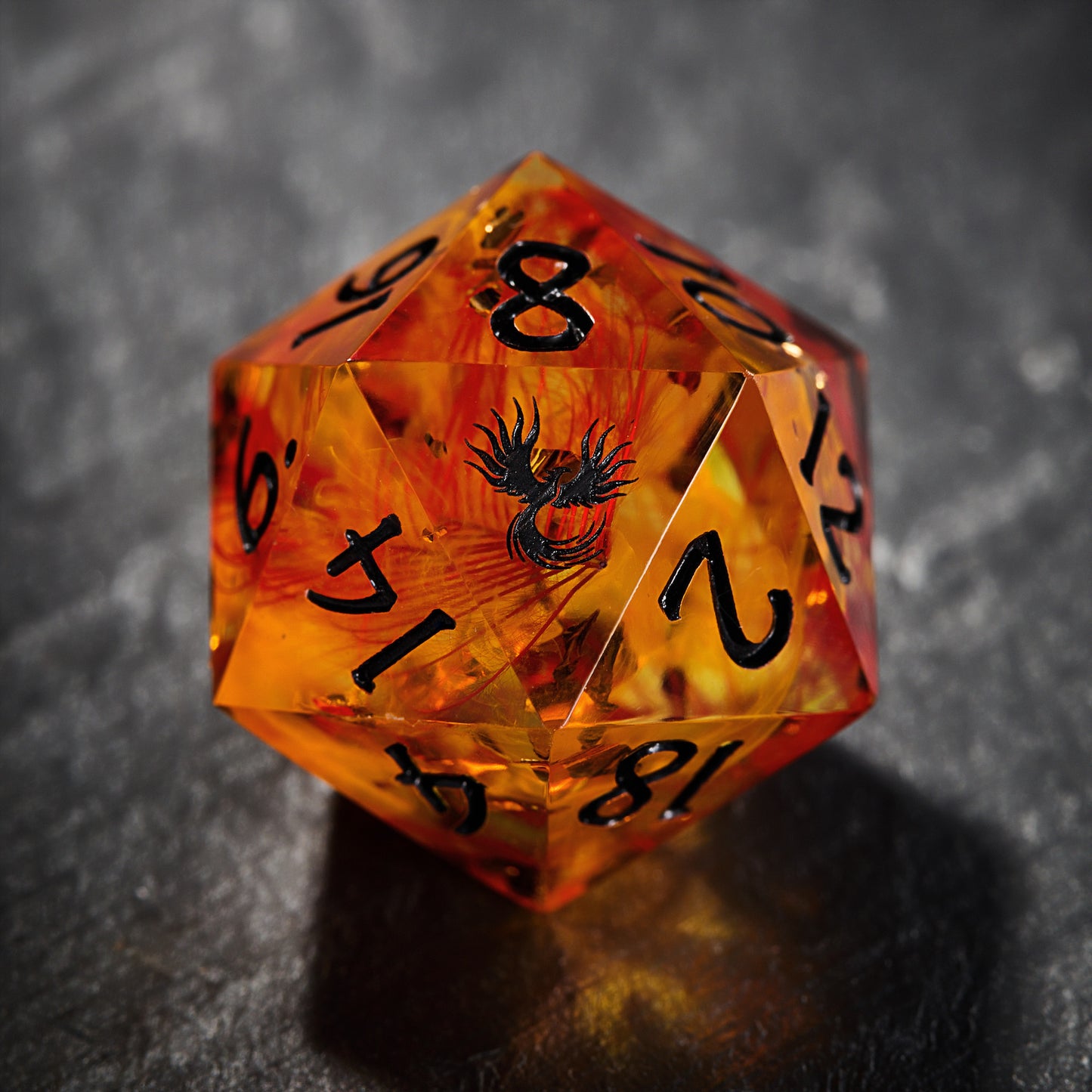 Red Feather Glitter Resin Phoenix UV Reactive Dice DnD D&D Dice Set