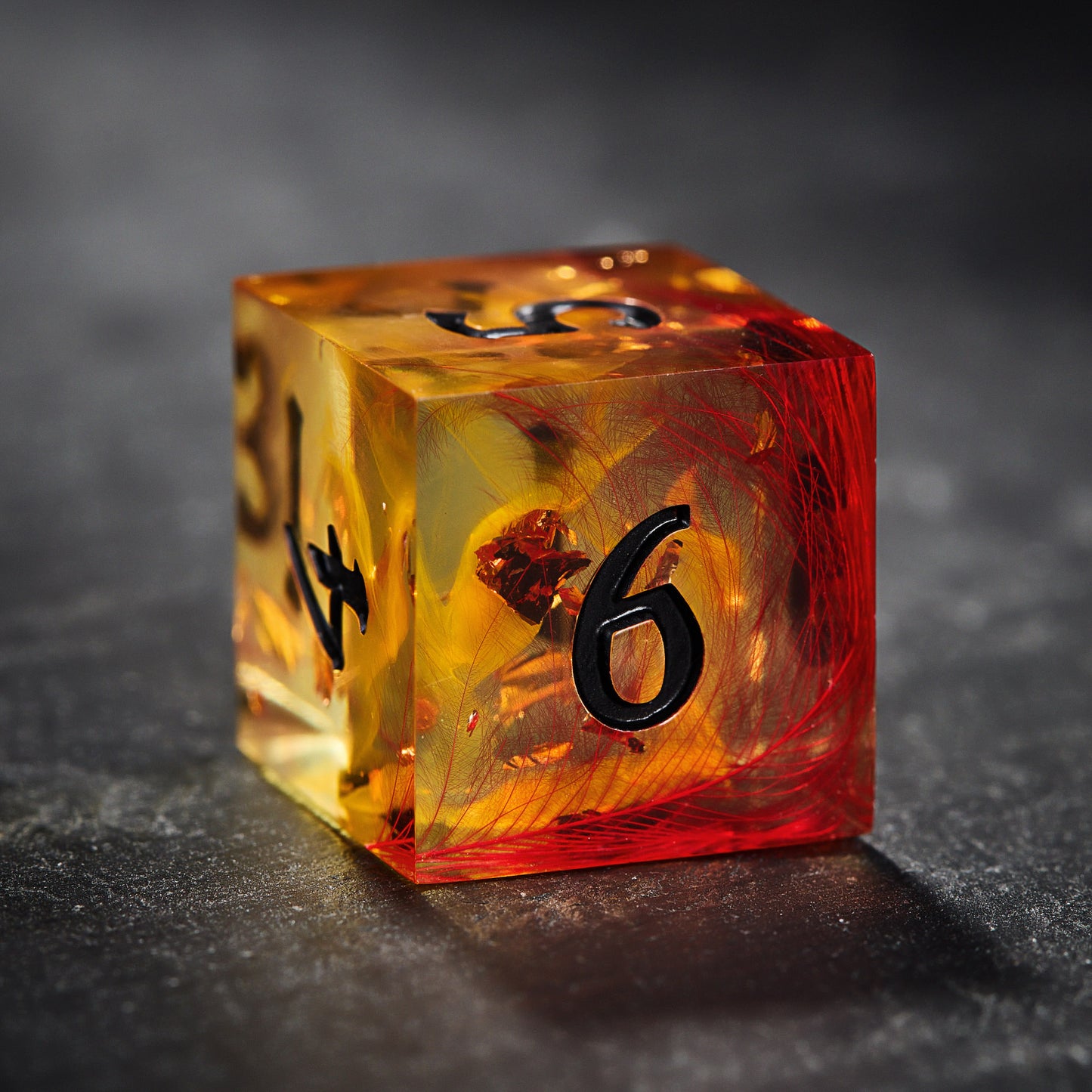 Red Feather Glitter Resin Phoenix UV Reactive Dice DnD D&D Dice Set