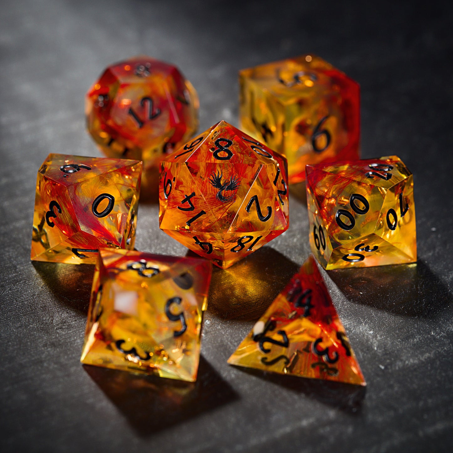 Red Feather Glitter Resin Phoenix UV Reactive Dice DnD D&D Dice Set