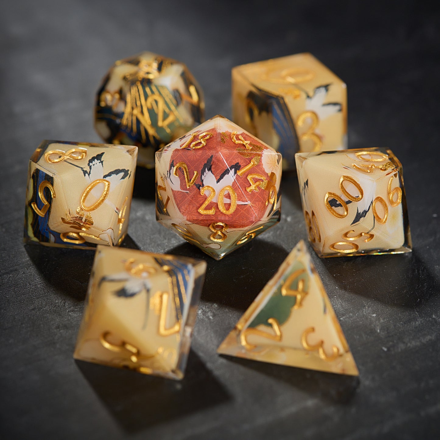 Flying Cranes Over Waves Art Print Resin Dice DnD D&D Dice Set