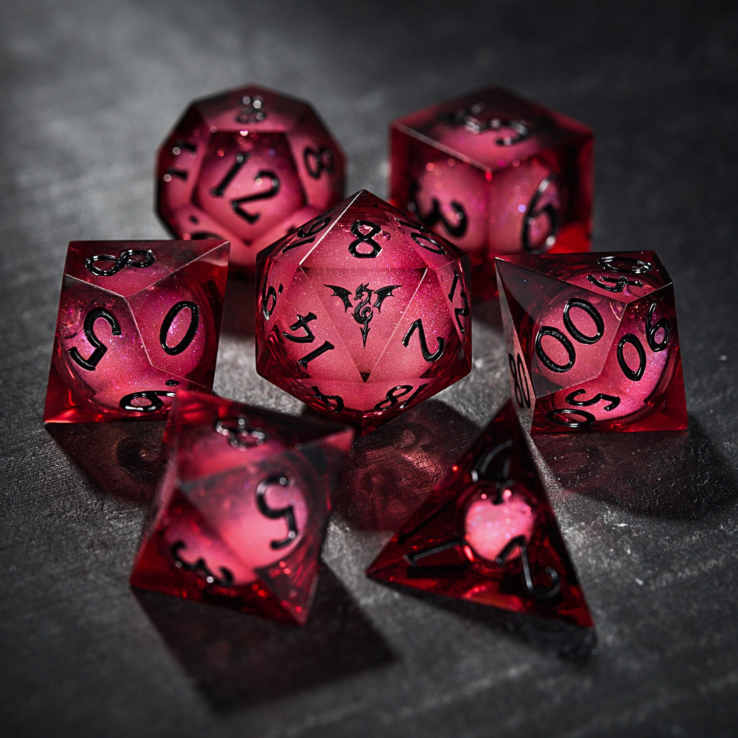 Dark Red Liquid Core Resin Flying Dragon DnD D&D Dice Set