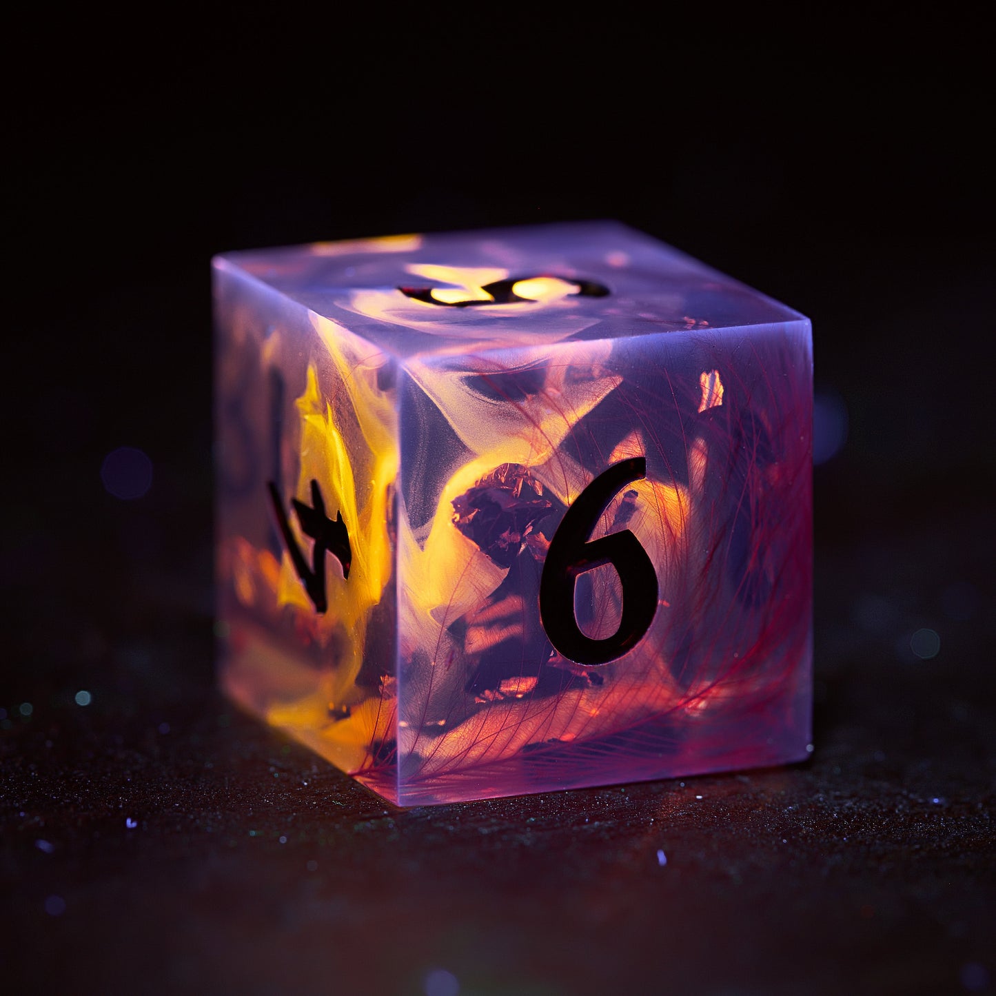 Red Feather Glitter Resin Phoenix UV Reactive Dice DnD D&D Dice Set