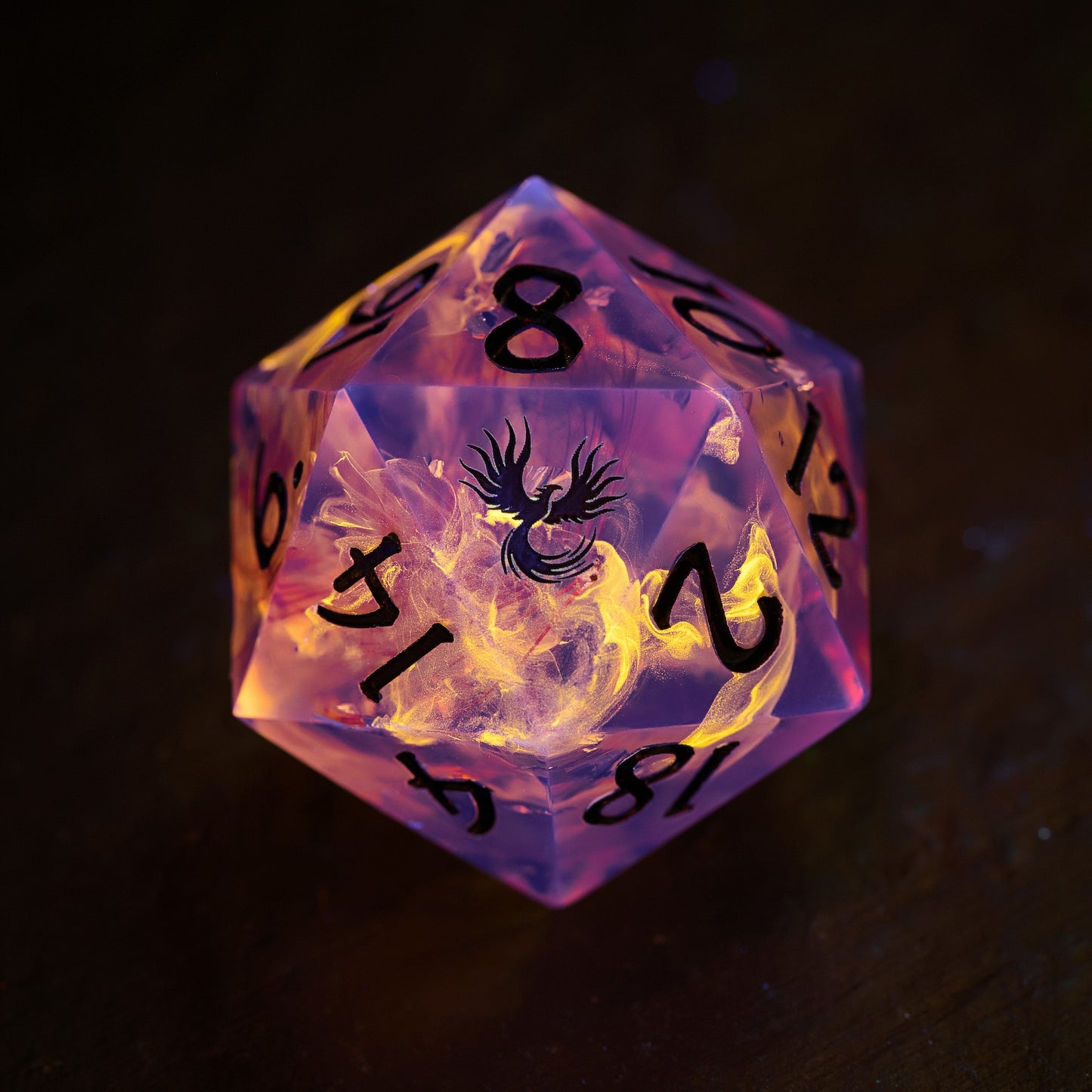 Red Feather Glitter Resin Phoenix UV Reactive Dice DnD D&D Dice Set