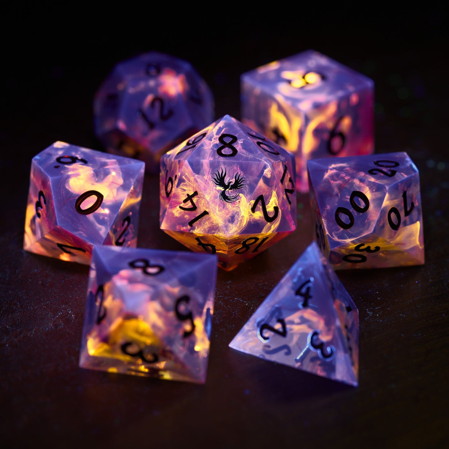 Red Feather Glitter Resin Phoenix UV Reactive Dice DnD D&D Dice Set