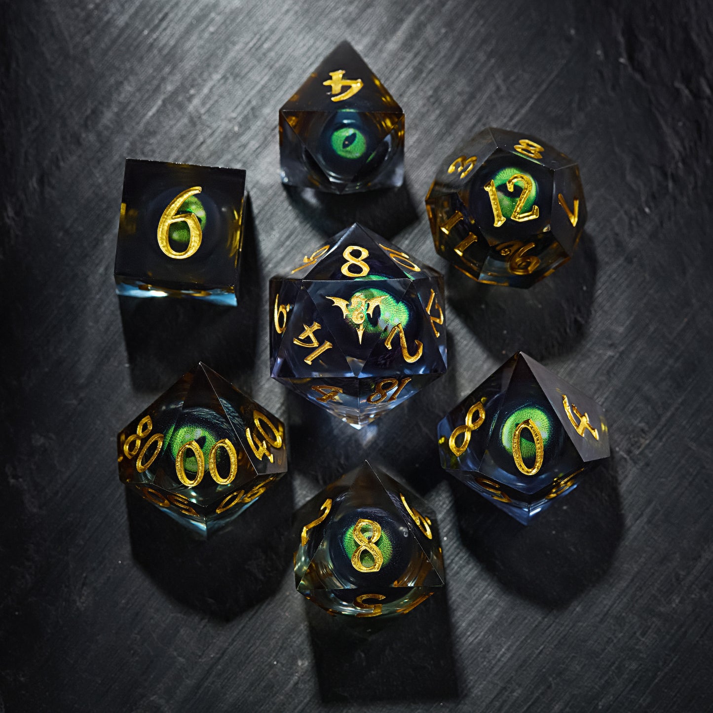 Floating Green Pupil Dragon's Eye Liquid Core Resin Flying Dragon DnD D&D Dice Set