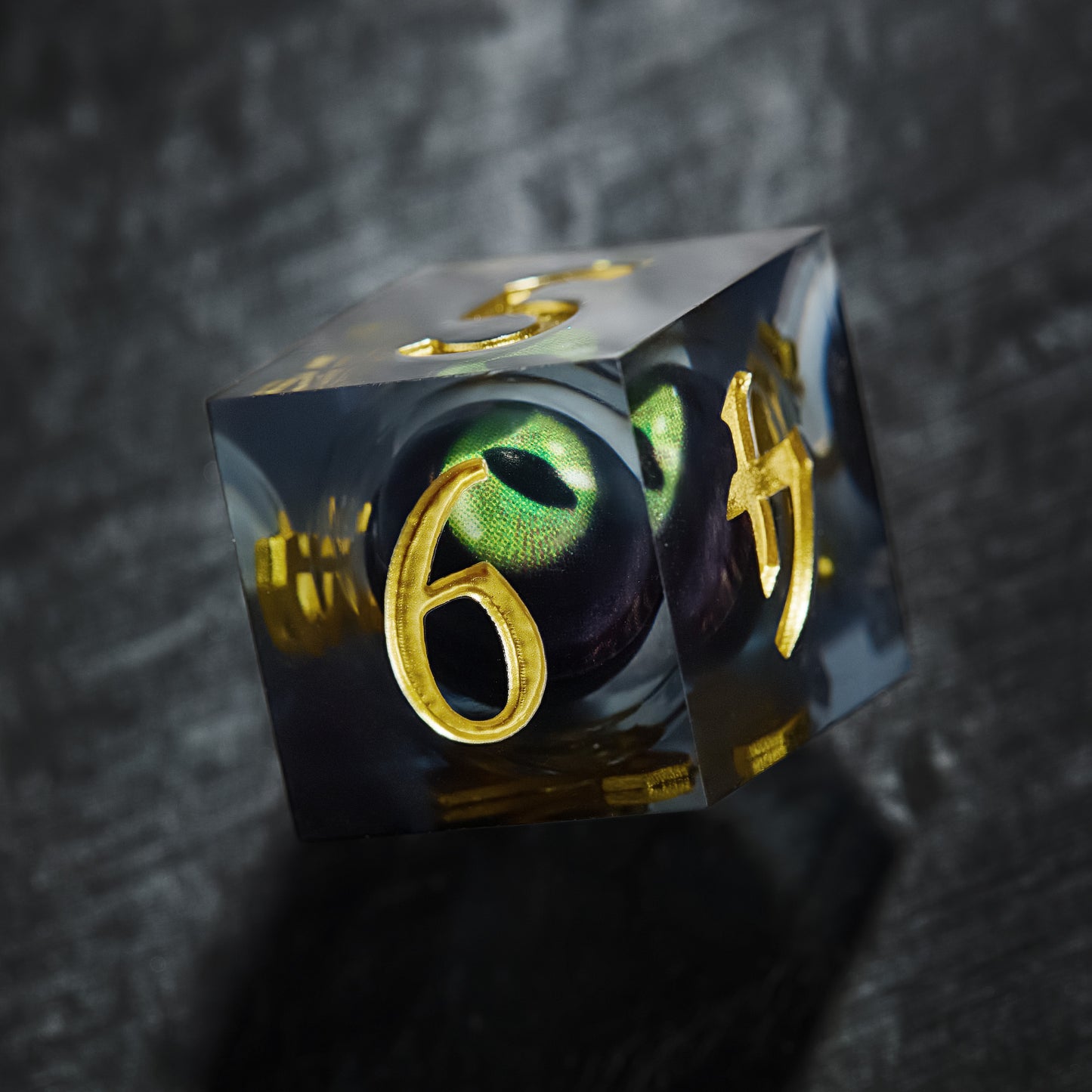 Floating Green Pupil Dragon's Eye Liquid Core Resin Flying Dragon DnD D&D Dice Set