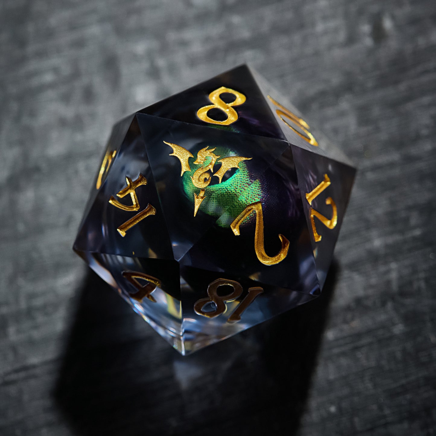 Floating Green Pupil Dragon's Eye Liquid Core Resin Flying Dragon DnD D&D Dice Set