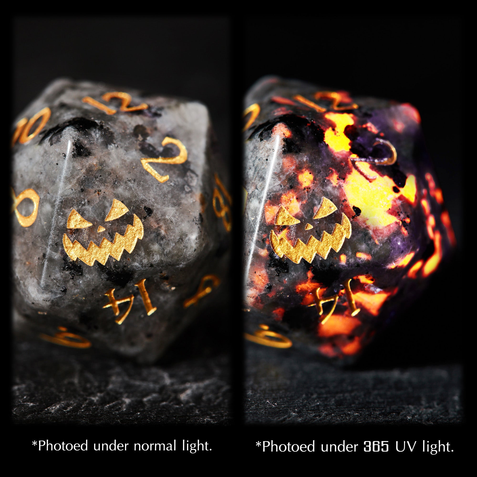 Yooperlite UV Reactive Gemstone Halloween Pumpkin DnD D&D Dice Set