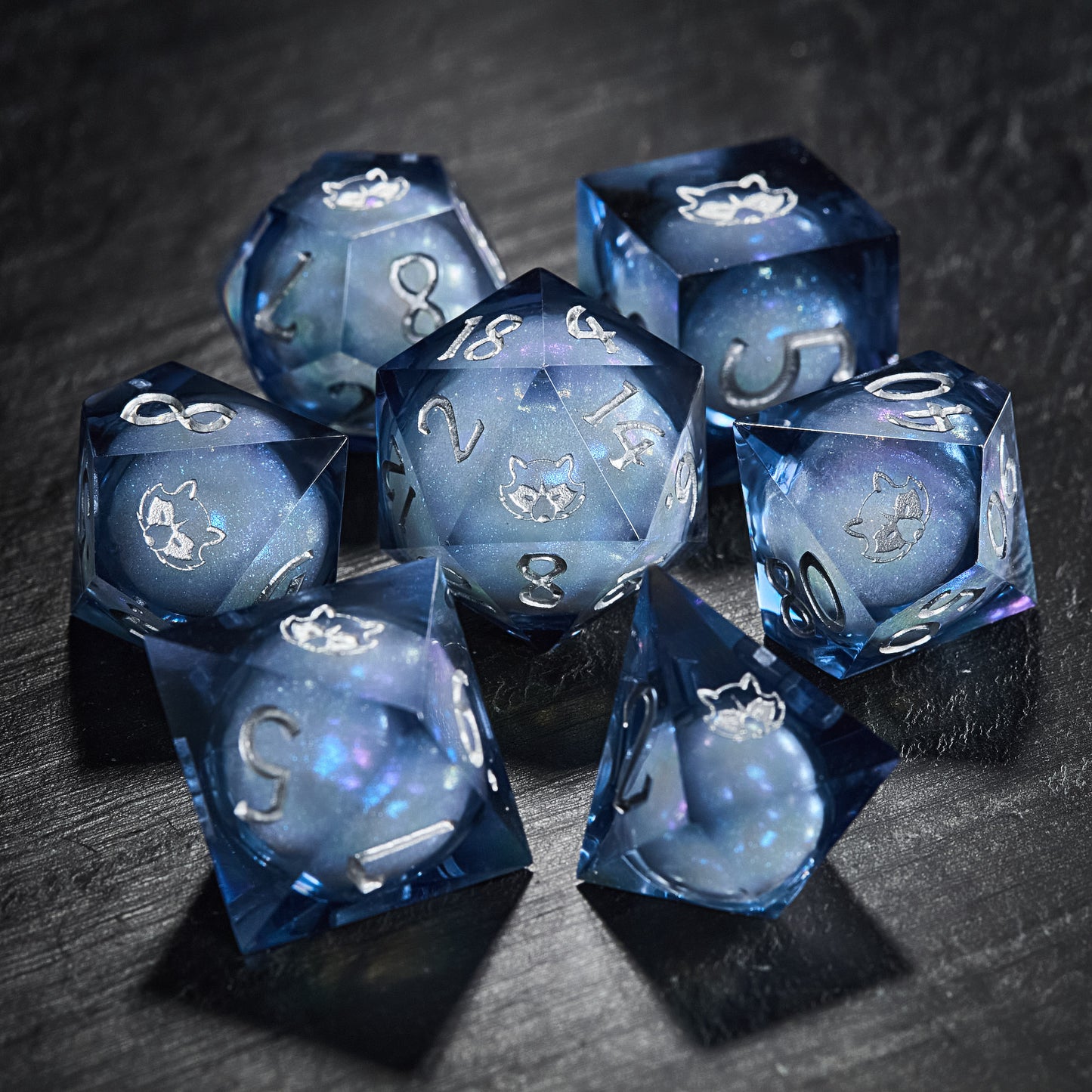 Dark Blue Liquid Core Resin Galaxy Dice Raccoon DnD D&D Dice Set