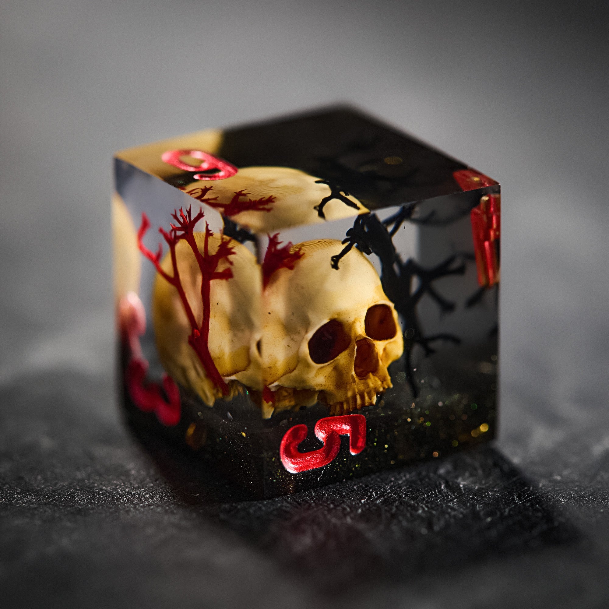 Red Black Coral Skull Resin DnD D&D Dice Set
