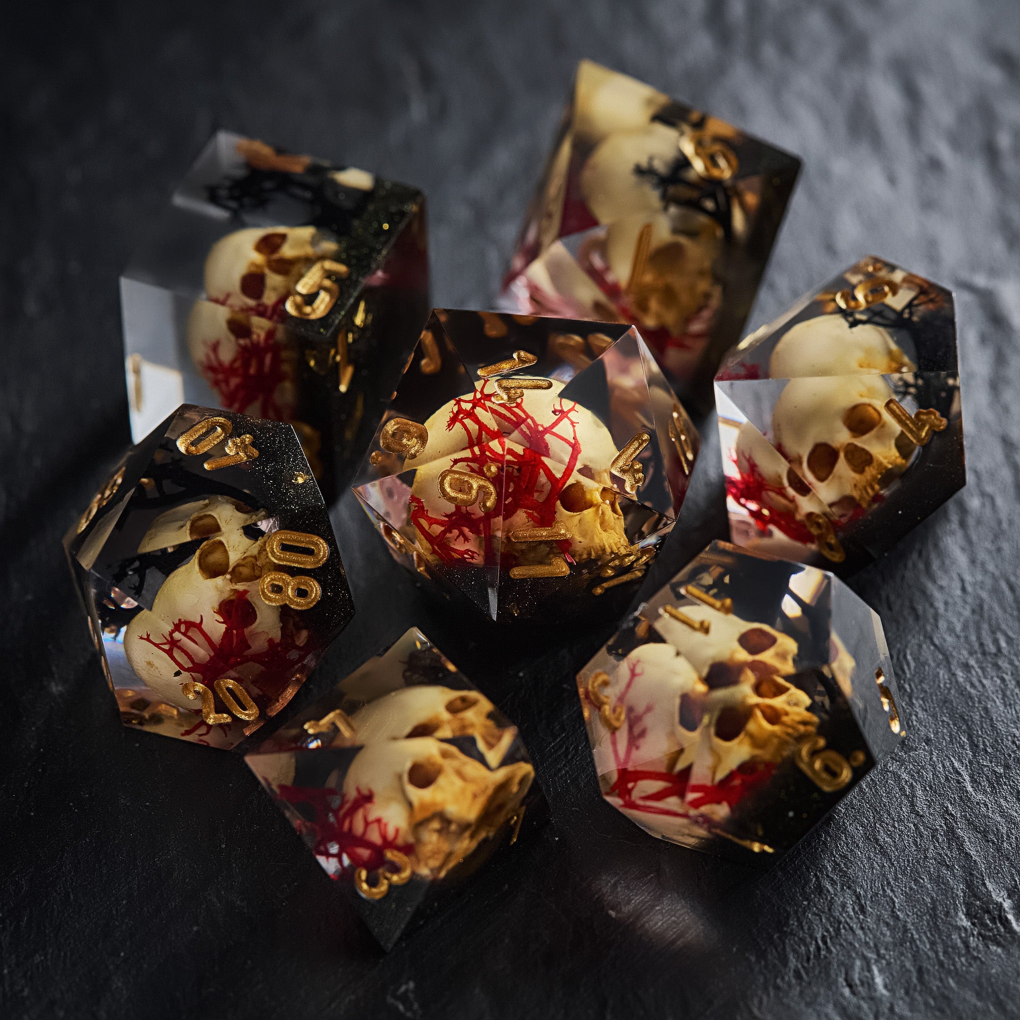 Red Black Coral Skull Resin DnD D&D Dice Set