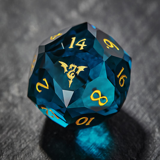 Multifaceted Dark Blue Glass Flying Dragon DnD D&D Dice Set