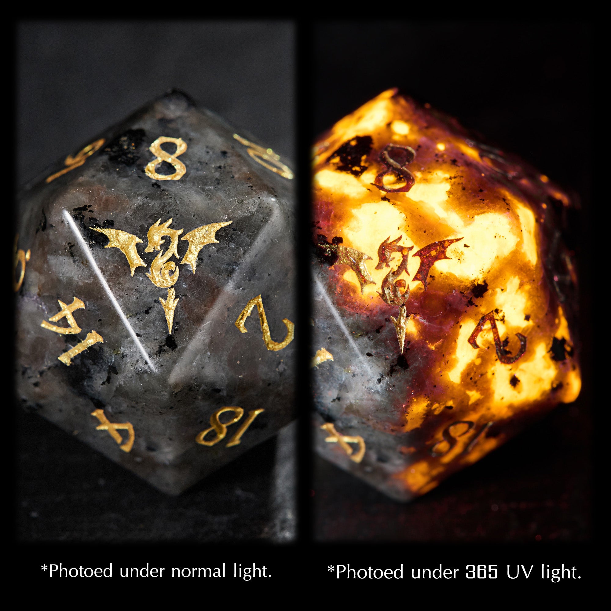 Yooperlite UV Reactive Gemstone Flying Dragon DnD D&D Dice Set