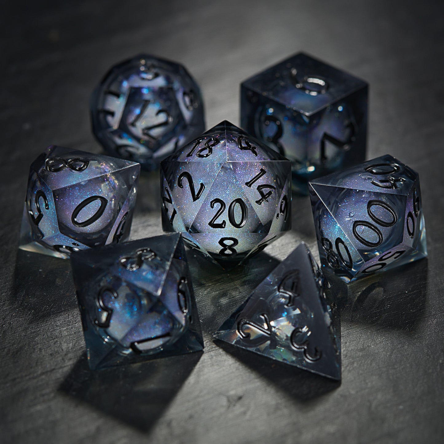 Grayish Blue Liquid Core Resin Galaxy Dice DnD D&D Dice Set