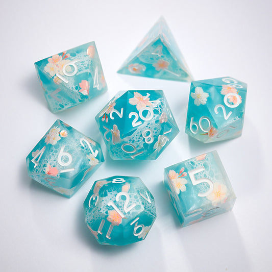 Cherry Blossom Ocean Blue Resin DnD D&D Dice Set