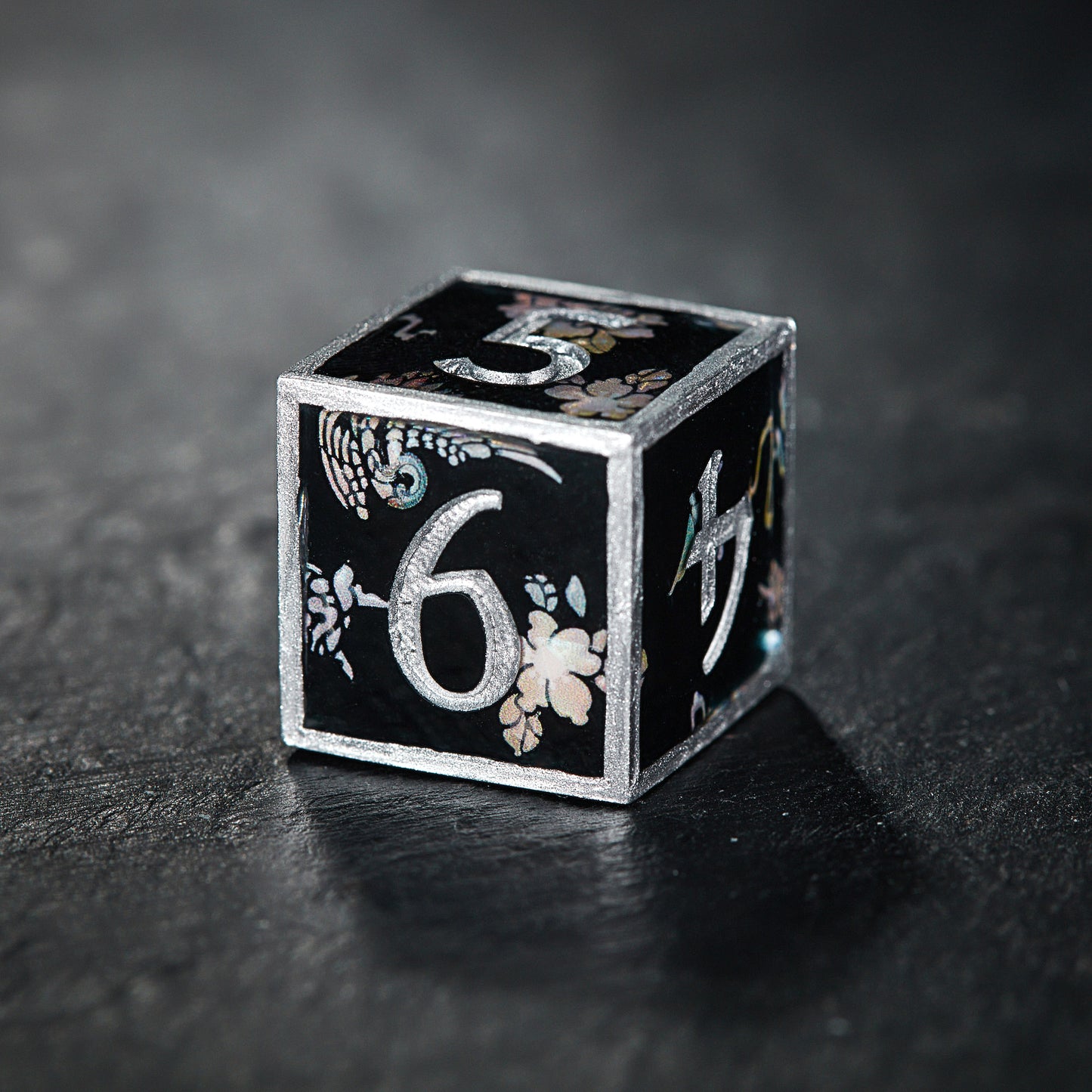 Silver Edged Bird and Flower Black Resin DnD D&D Dice Set